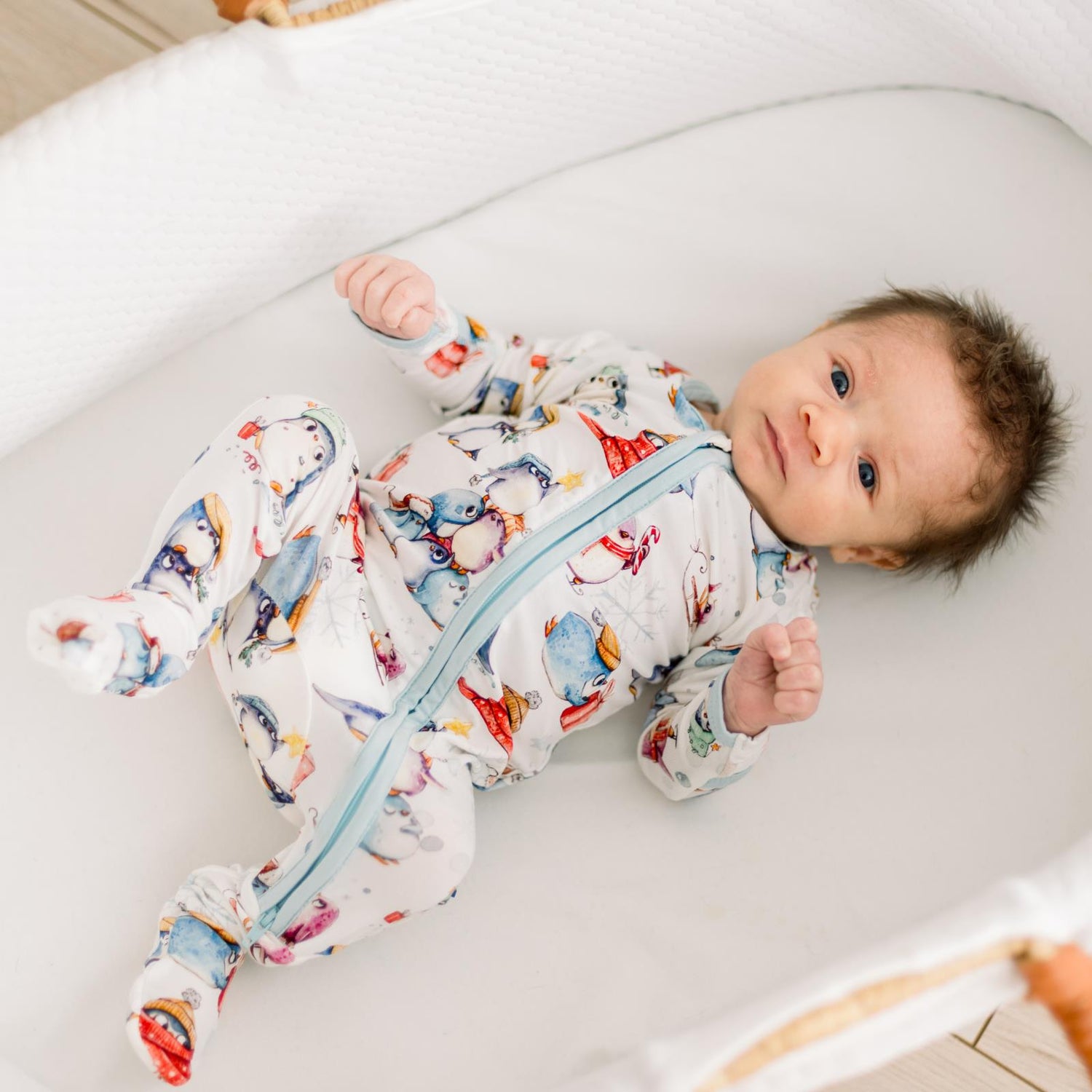 Print Footie with 2 Way Zipper in Natural Silly Penguins (366805)