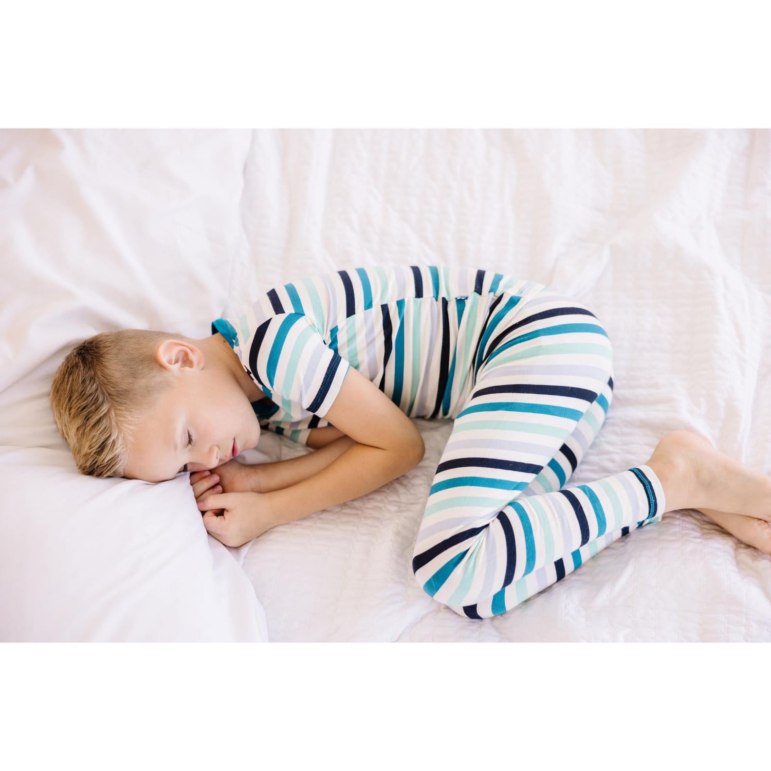Print Short Sleeve Pajama Set in Little Boy Blue Stripe