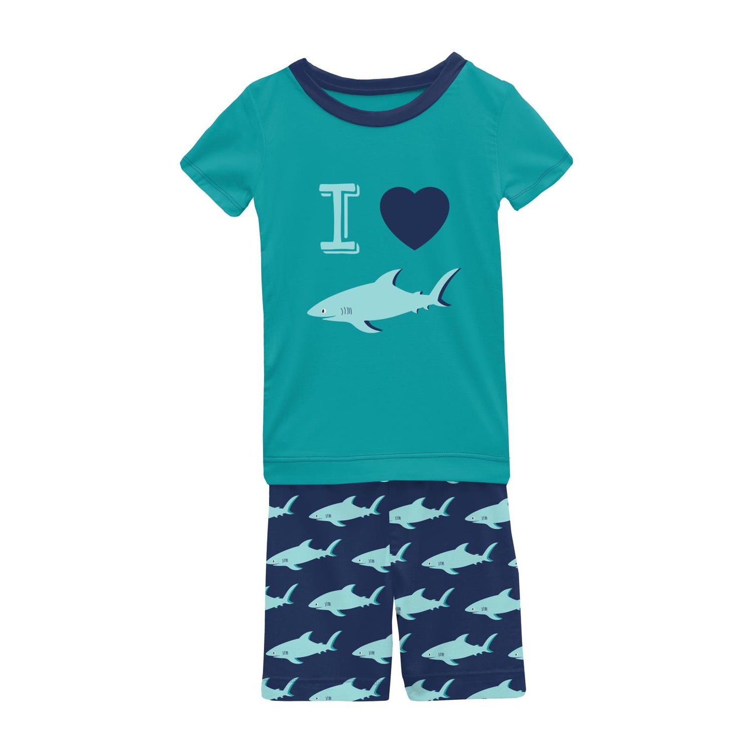 Short Sleeve Graphic Tee Pajama Set with Shorts in Flag Blue Sharky (228483)