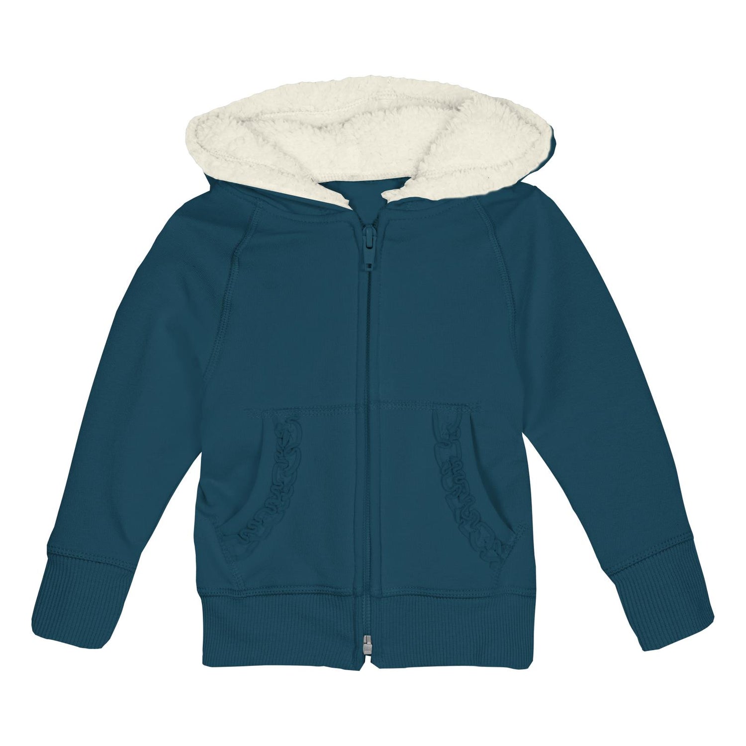 Fleece Ruffle Zip-Front Hoodie with Sherpa-Lined Hood in Peacock (290692)