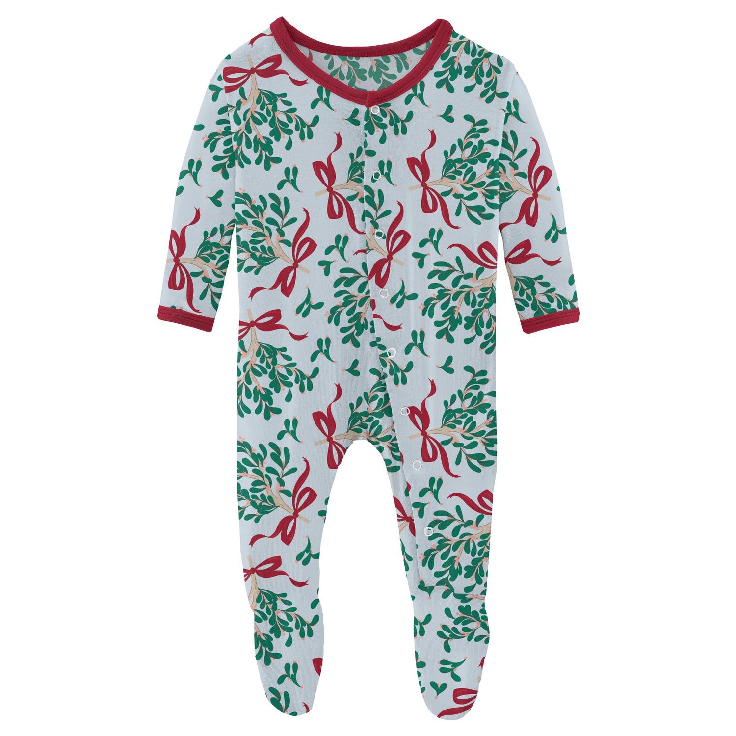 Print Footie with Snaps in Illusion Blue Mistletoe & Ribbons