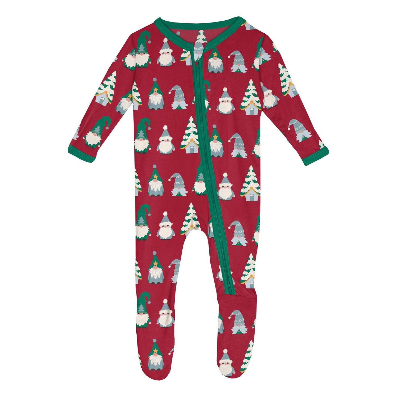 Print Footie with 2 Way Zipper in Crimson Gnomes
