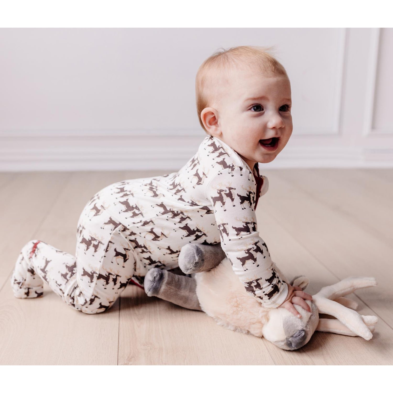 Print Footie with 2 Way Zipper in Natural Rudolph