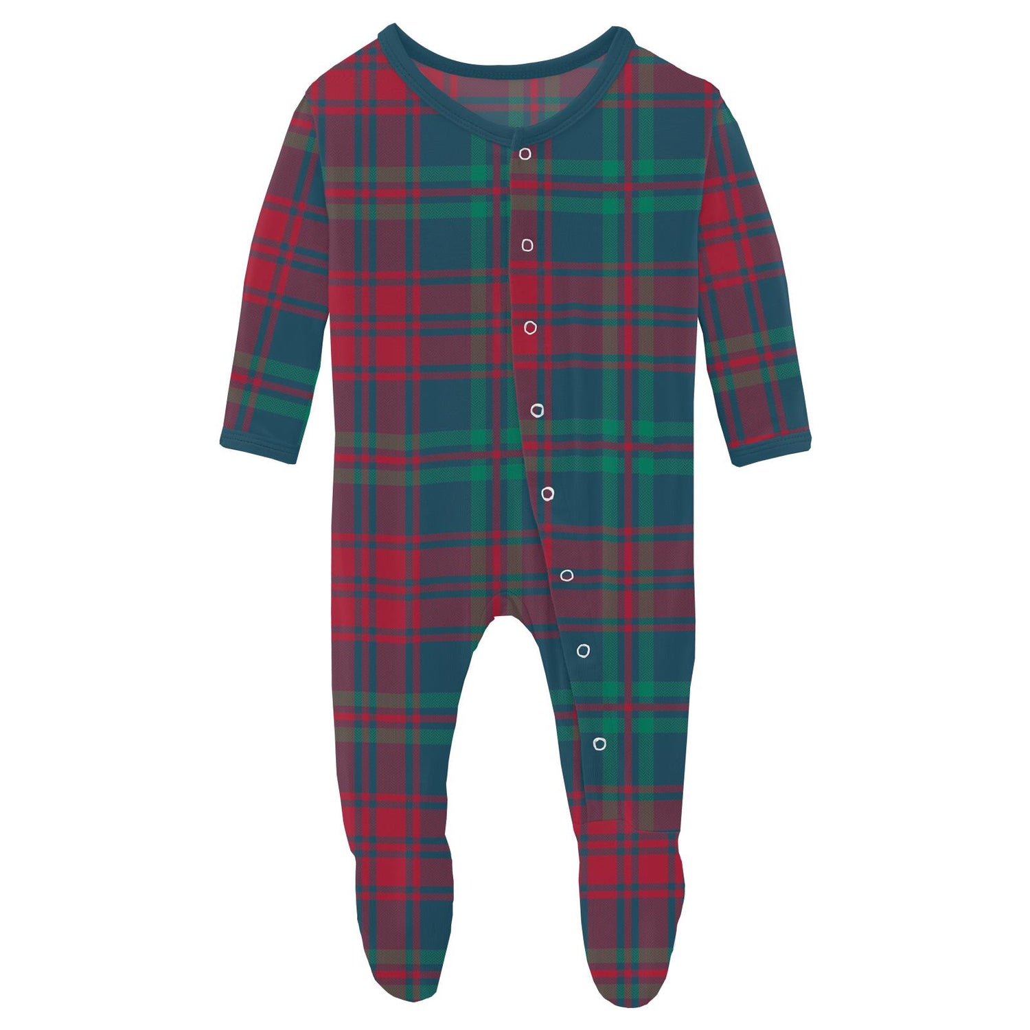 Print Footie with Snaps in Peacock Plaid