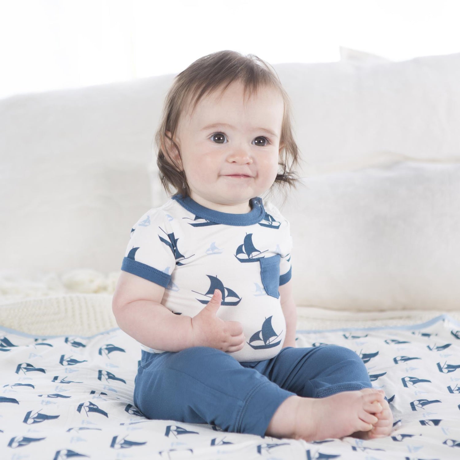 Print Short Sleeve Pocket One Piece & Pant Outfit Set in Natural Sailboat