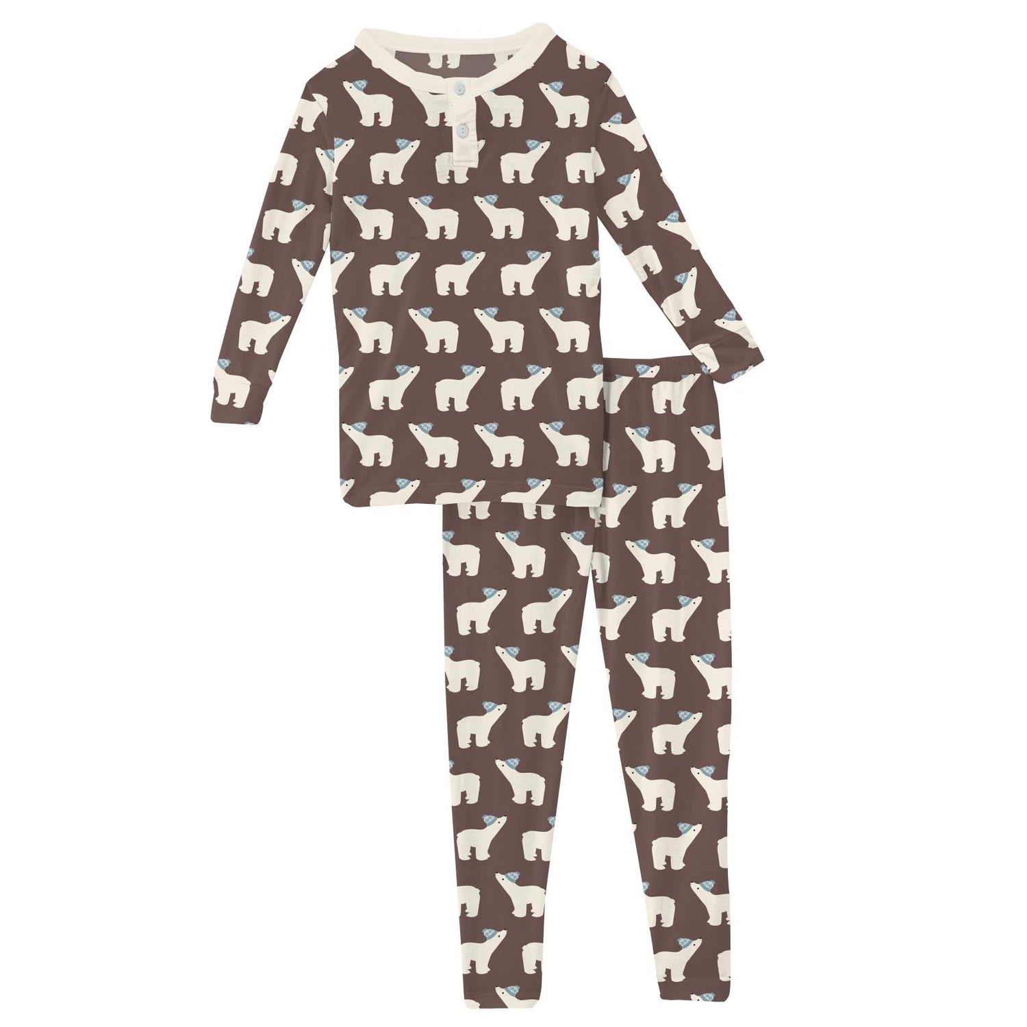 Print Long Sleeve Henley Pajama Set in Coffee Polar Bears