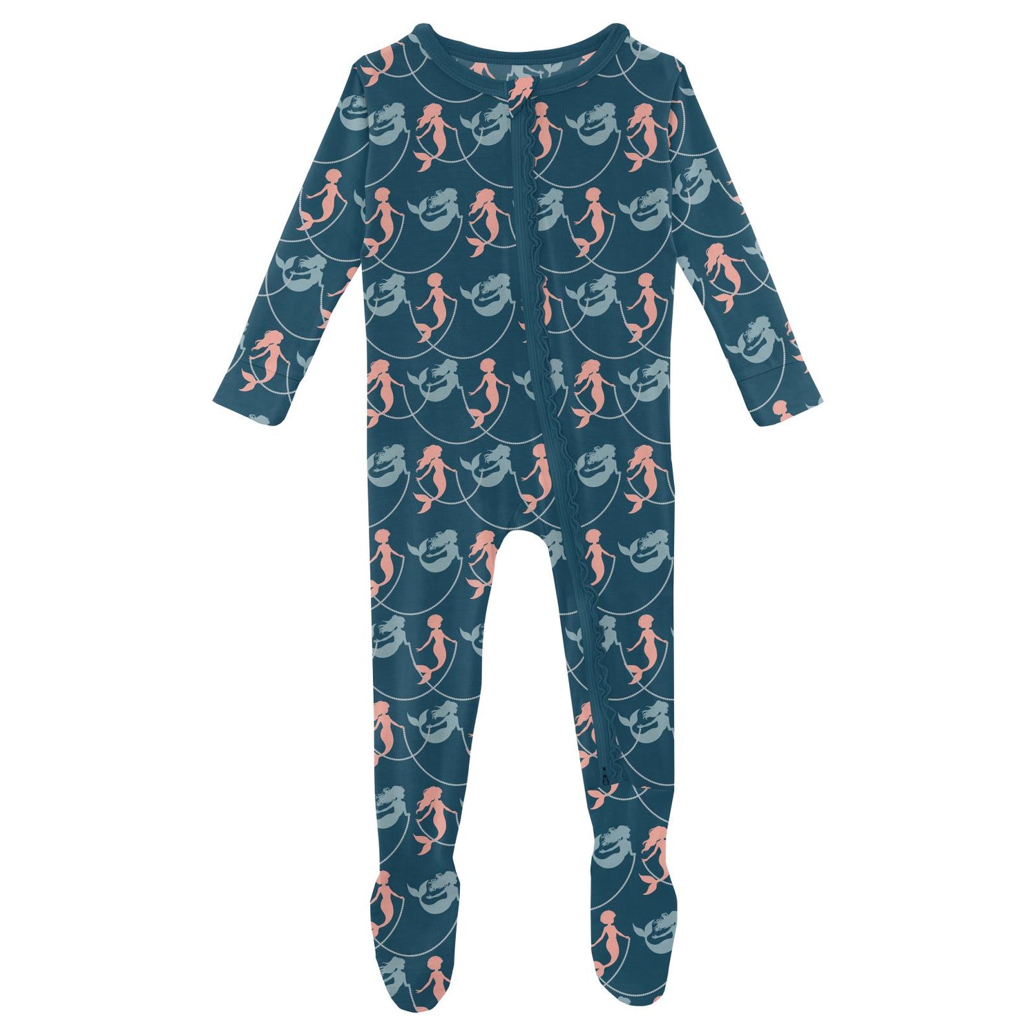 Print Muffin Ruffle Footie with 2 Way Zipper in Peacock Mermaids & Pearls