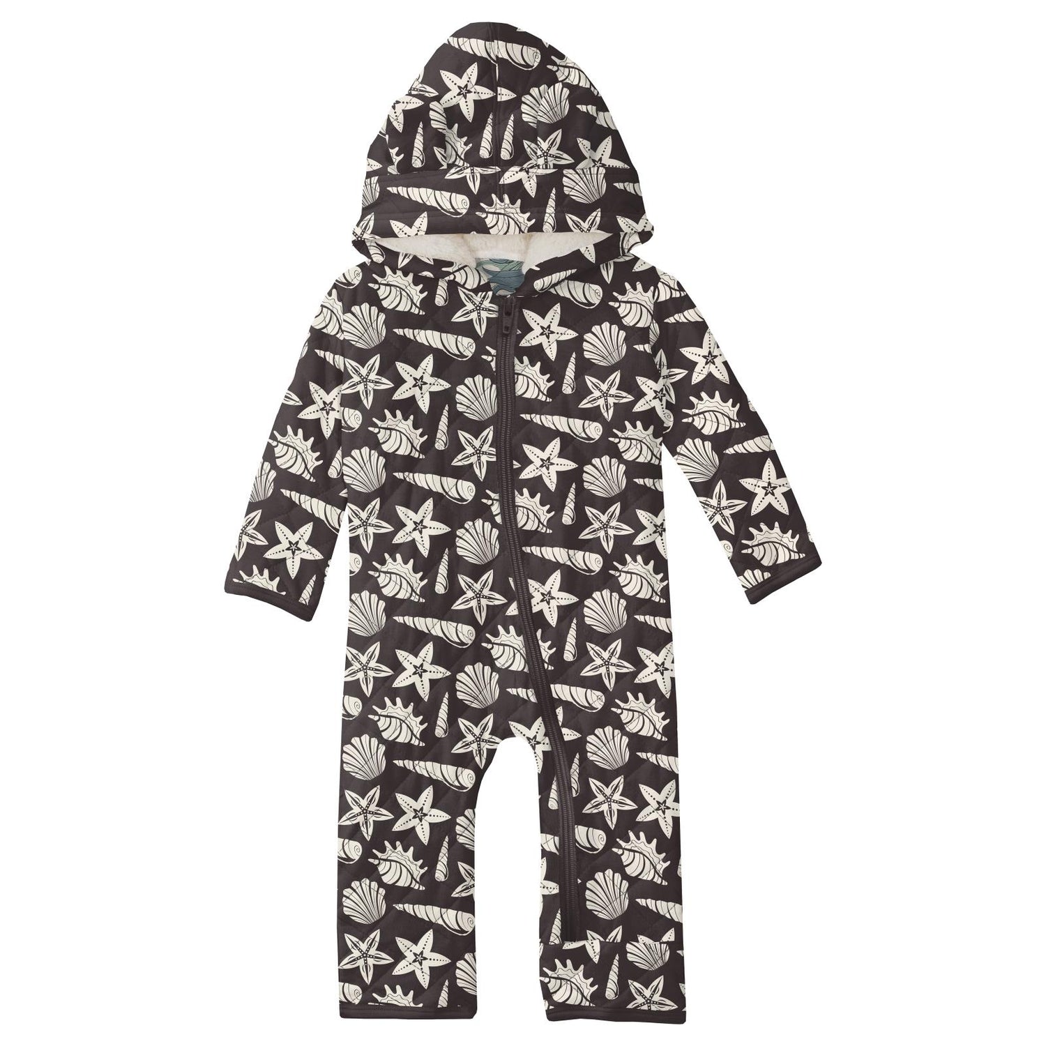 Print Quilted Hoodie Coverall with Sherpa-Lined Hood and Zipper in Midnight Shells & Starfish/Natural Rainbow Fish
