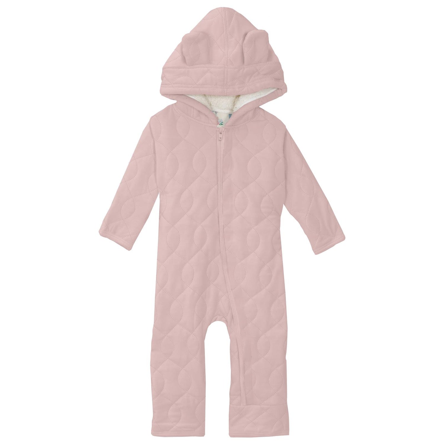 Print Quilted Hoodie Coverall with Sherpa-Lined Hood and Zipper in Baby Rose/Natural Dolphins
