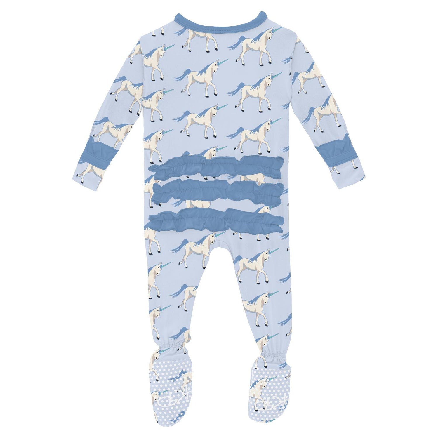 Print Layette Ruffle Footie with 2 Way Zipper in Dew Prancing Unicorn (270757)