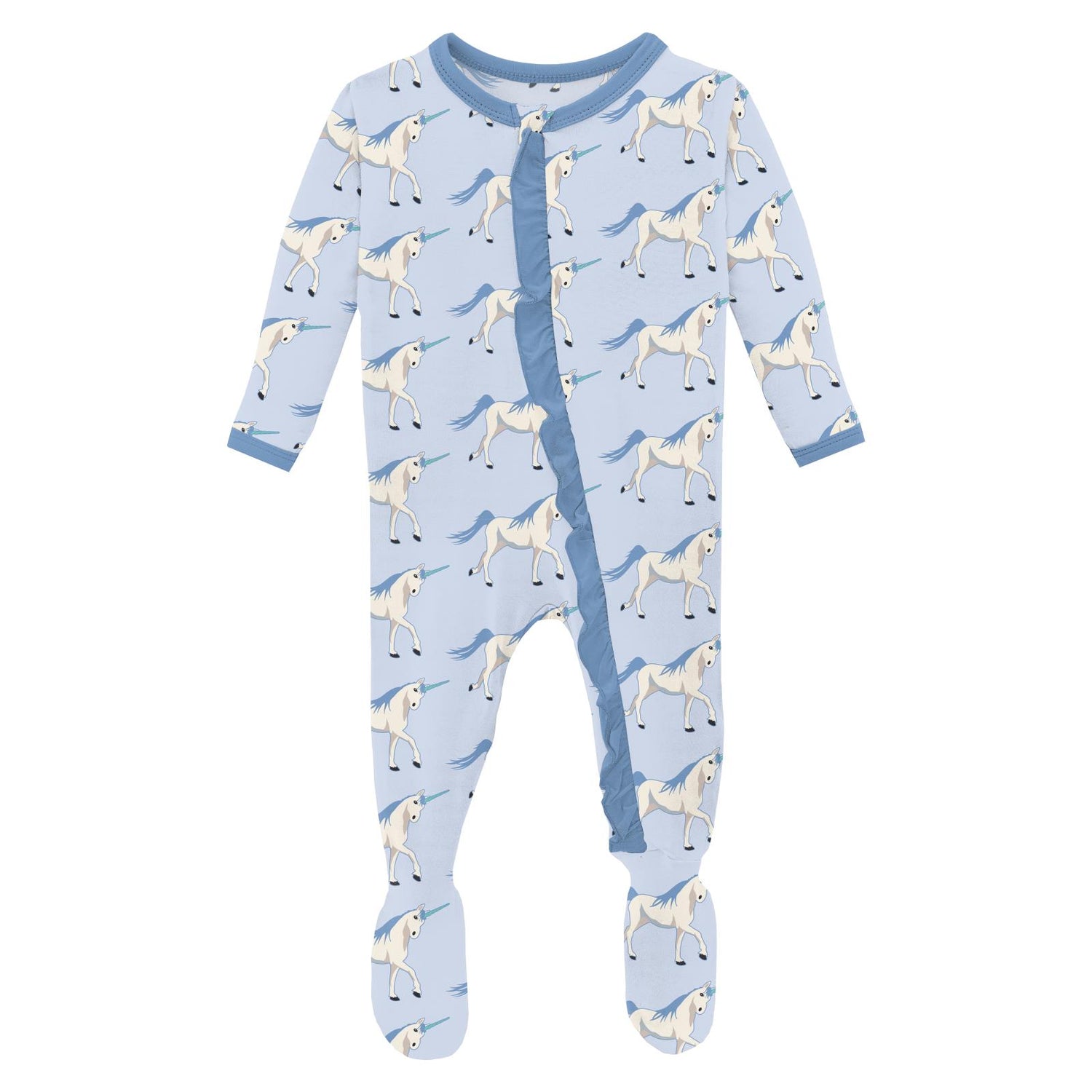 Print Layette Ruffle Footie with 2 Way Zipper in Dew Prancing Unicorn (272704)