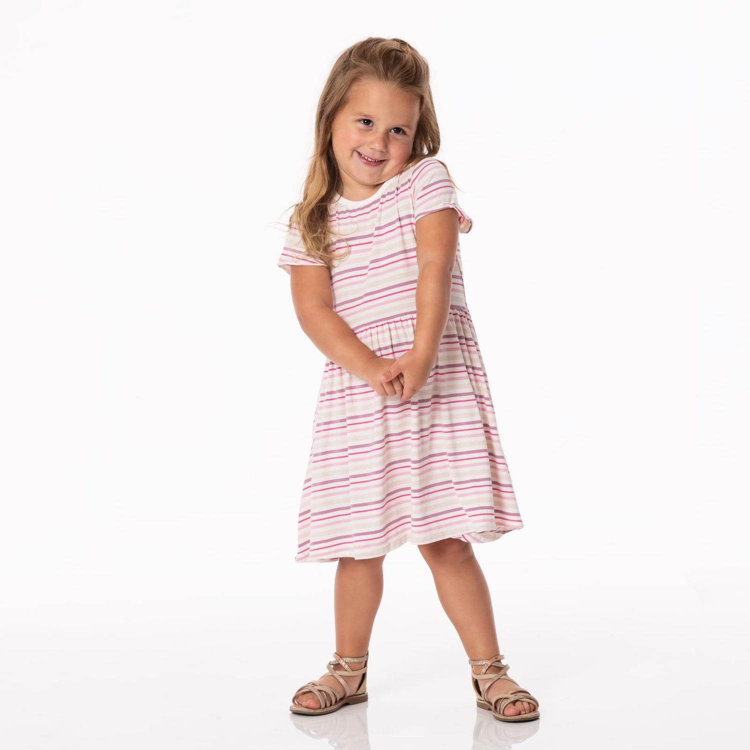 Print Flutter Sleeve Twirl Dress with Pockets in Whimsical Stripe (272718)
