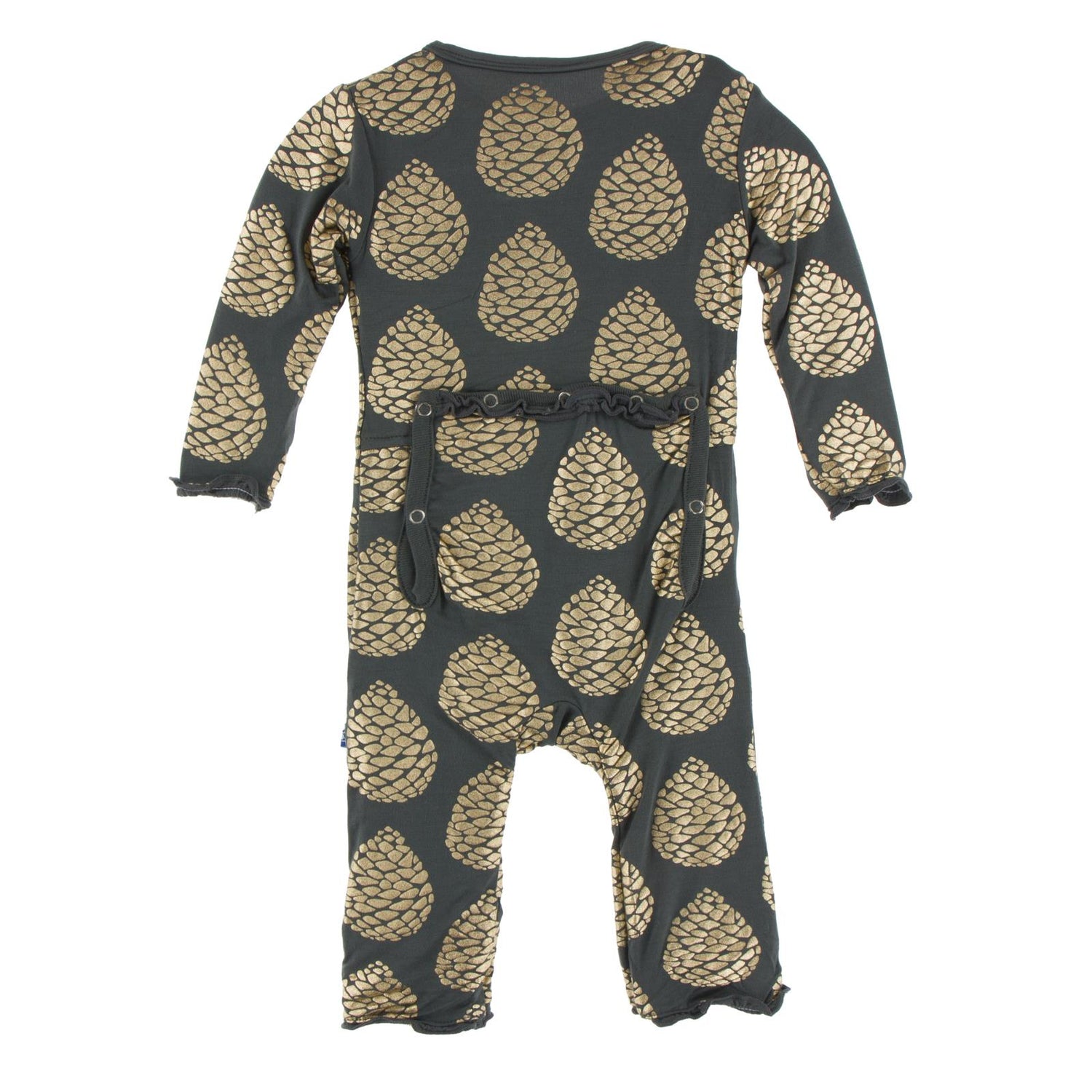 Print Muffin Ruffle Coverall with Snaps in Pewter Pinecones
