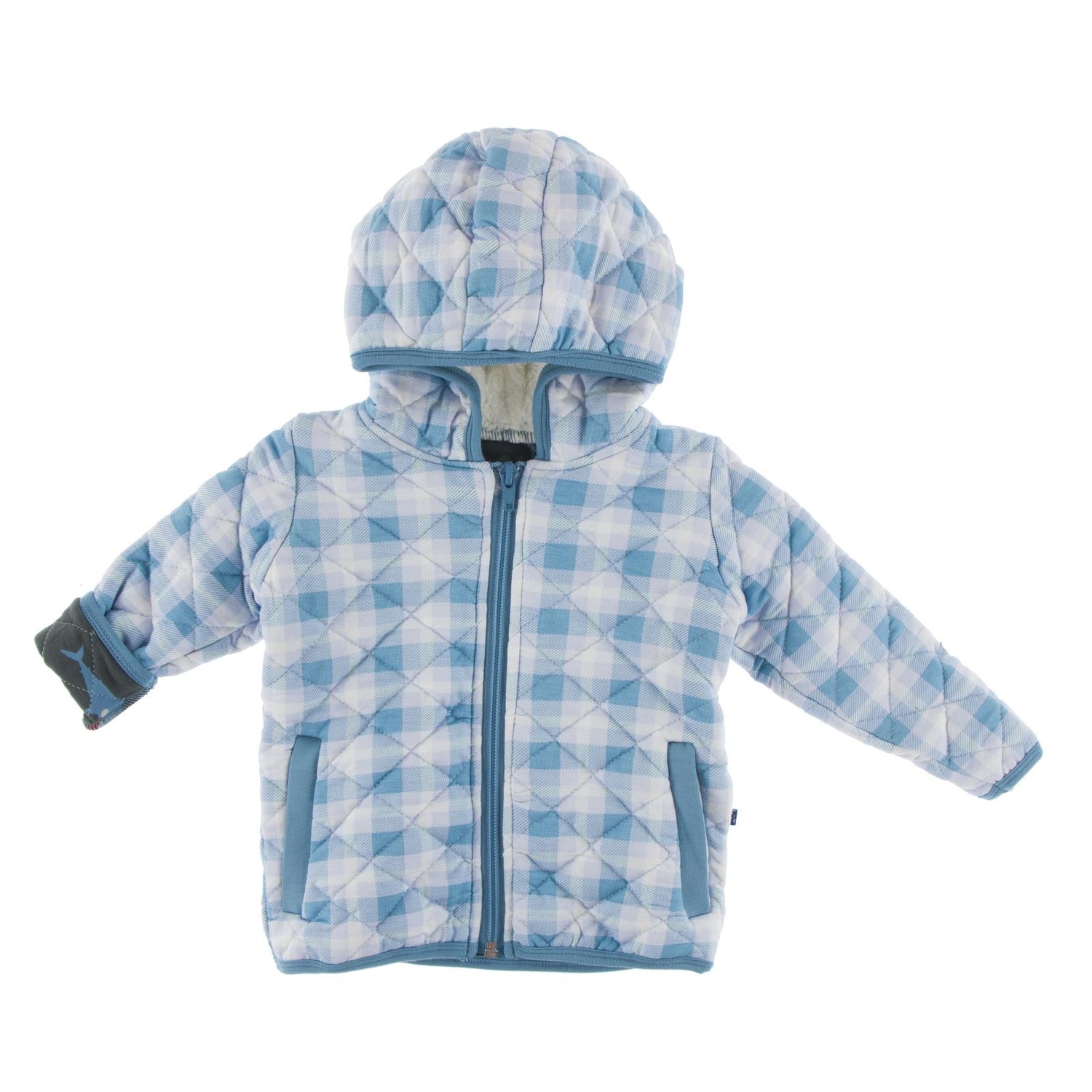 Print Quilted Jacket with Sherpa-Lined Hood in Blue Moon Holiday Plaid/Pewter Santa Sharks (123089)