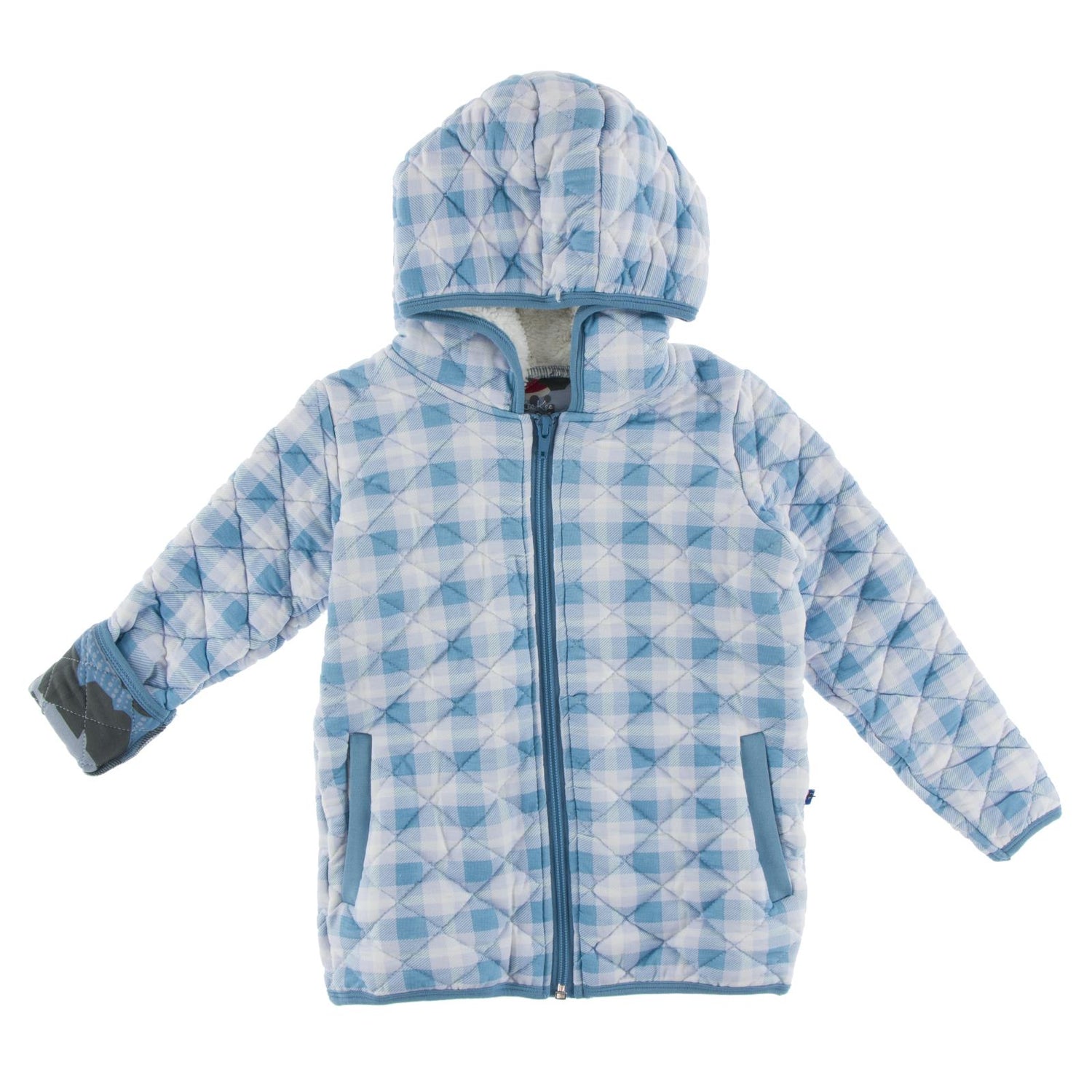 Print Quilted Jacket with Sherpa-Lined Hood in Blue Moon Holiday Plaid/Pewter Santa Sharks (123100)