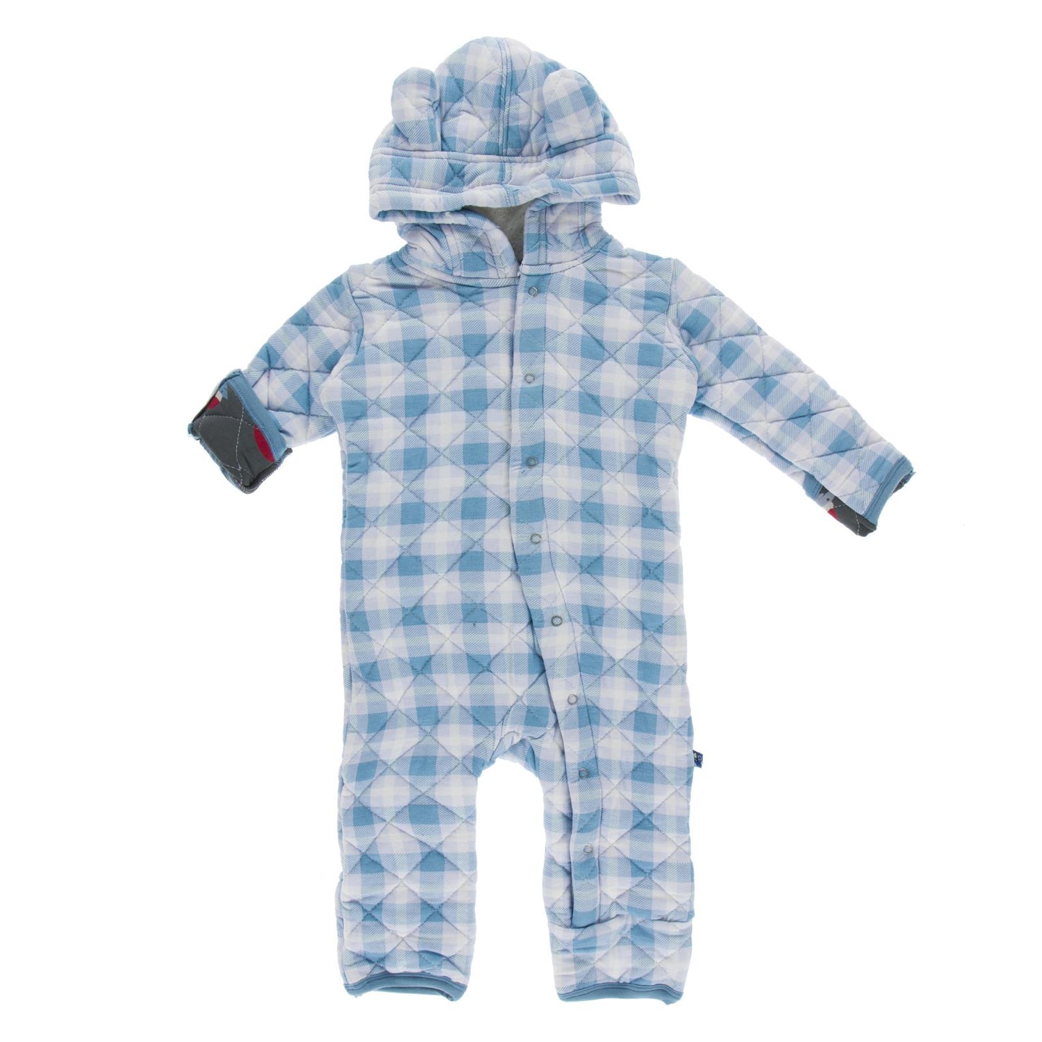 Quilted Hoodie Coverall with Sherpa-Lined Hood in Blue Moon Holiday Plaid/Pewter Santa Sharks (123120)