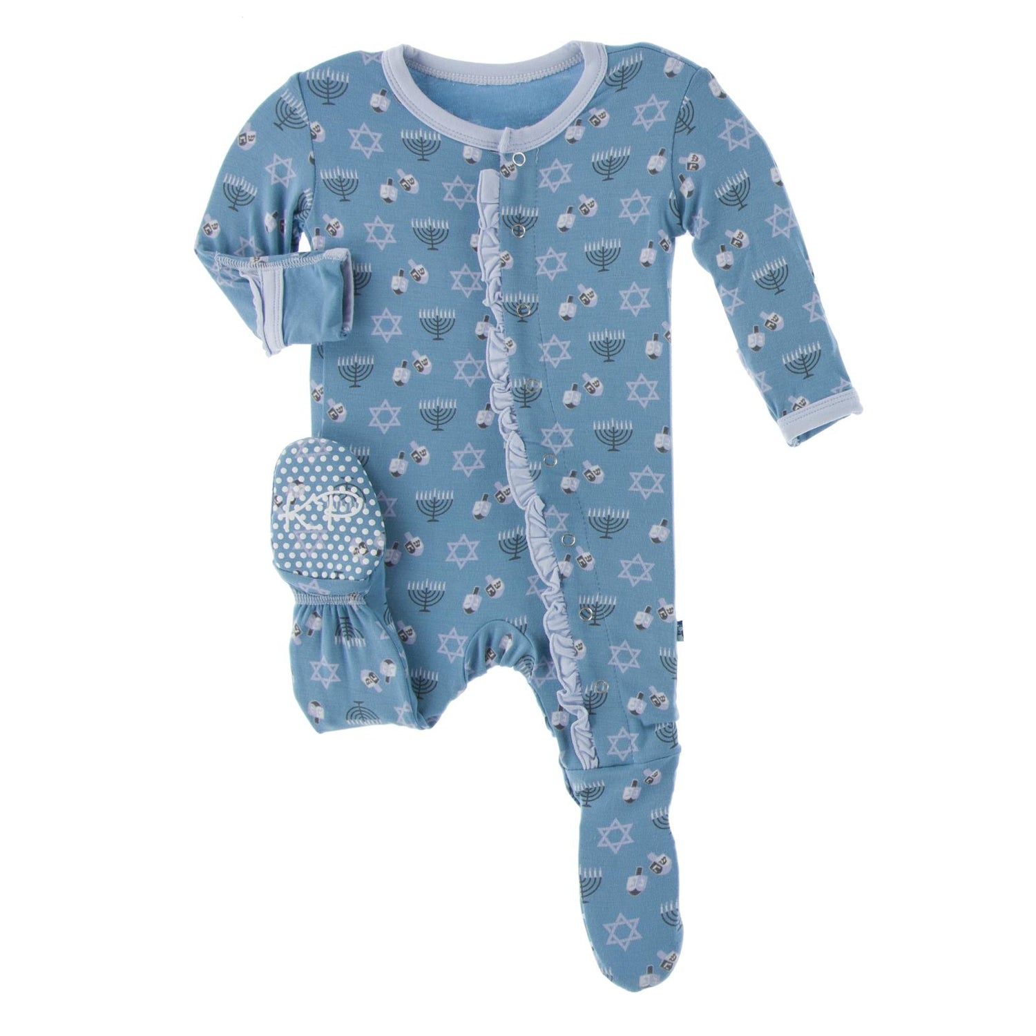Print Layette Ruffle Footie with Snaps in Blue Moon Hanukkah (123242)