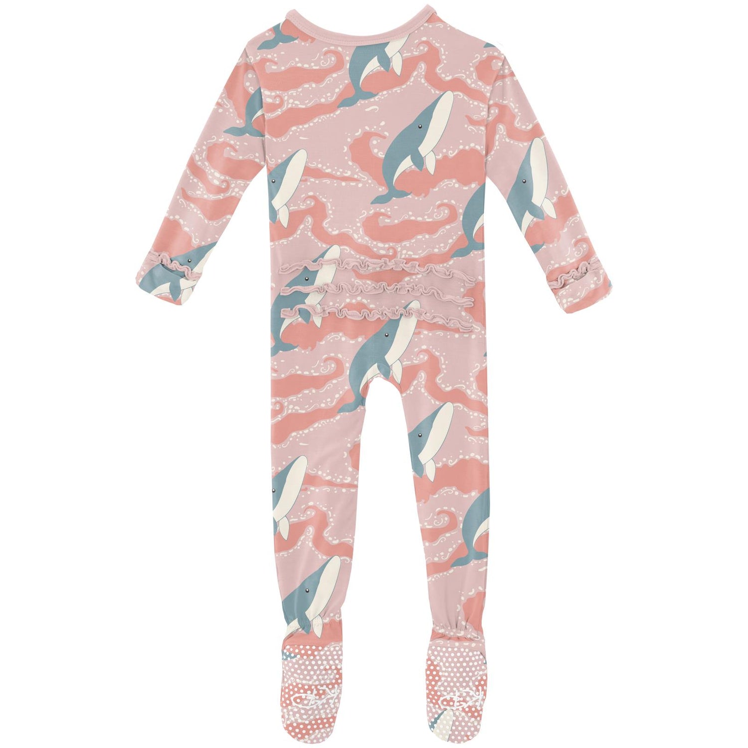 Print Muffin Ruffle Footie with 2 Way Zipper in Baby Rose Splashing Whales