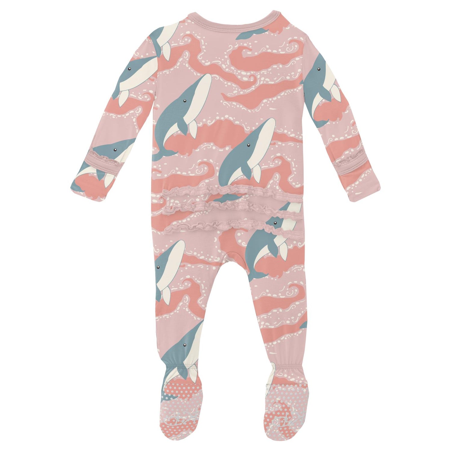Print Muffin Ruffle Footie with 2 Way Zipper in Baby Rose Splashing Whales