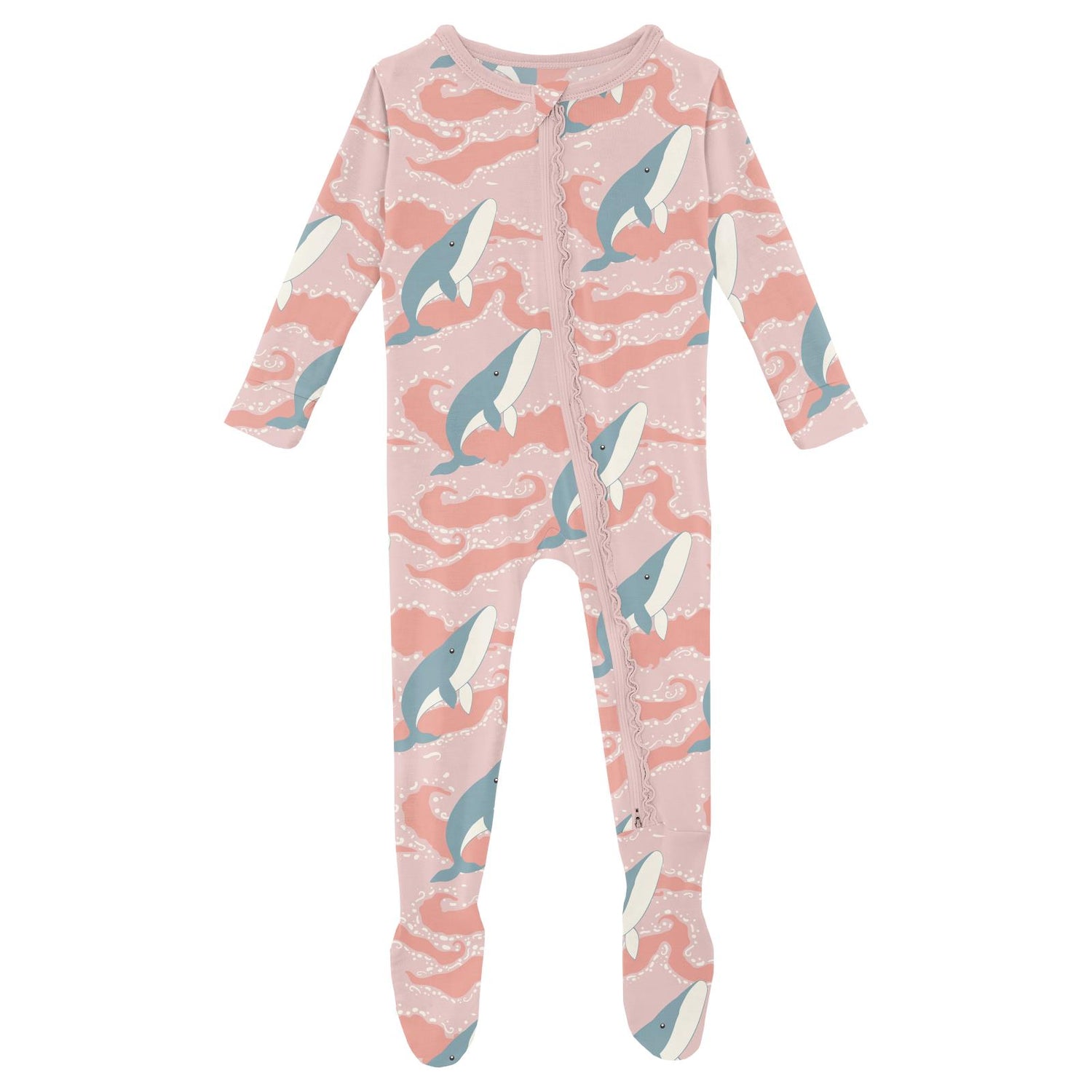 Print Muffin Ruffle Footie with 2 Way Zipper in Baby Rose Splashing Whales
