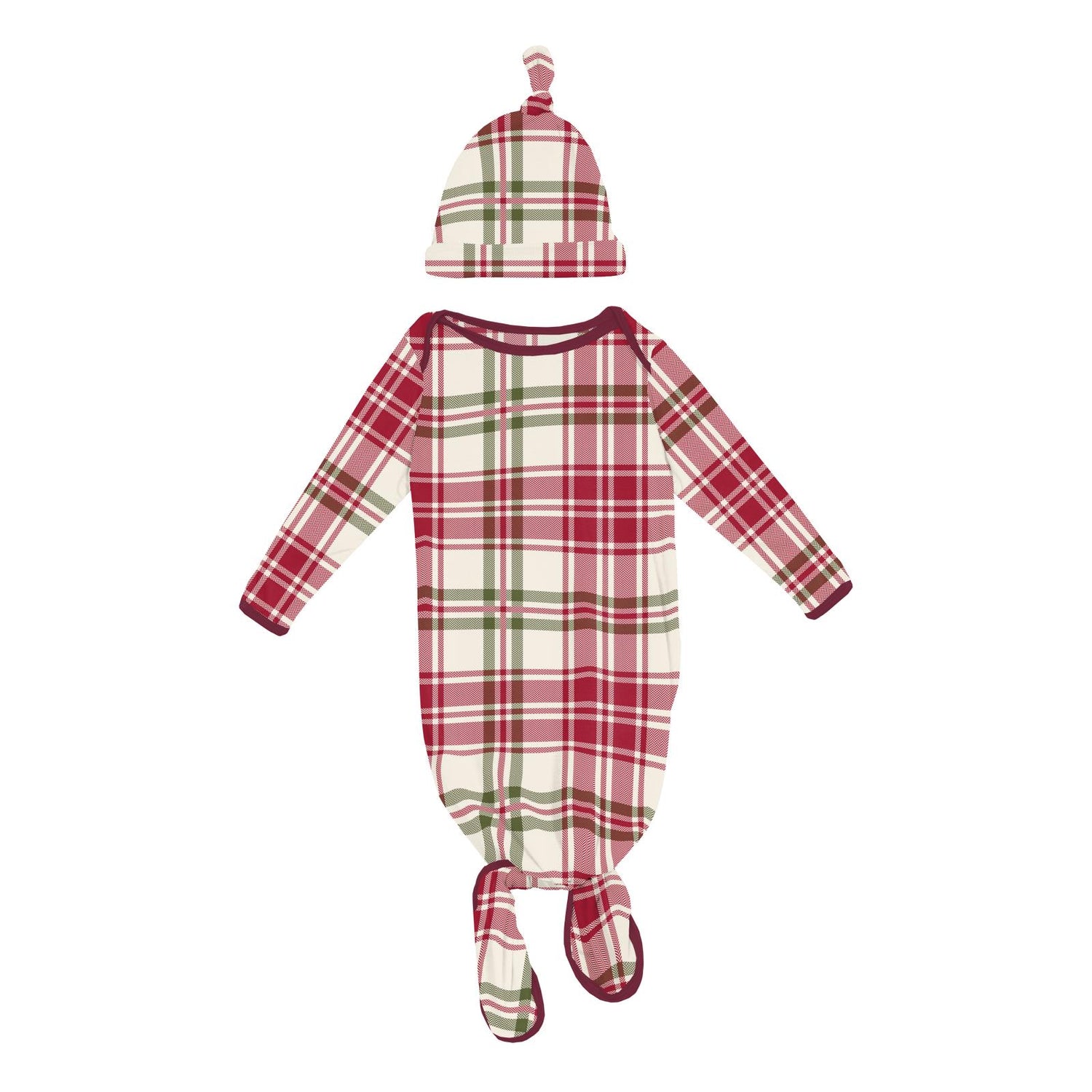 Print Knotted Layette Gown & Hat Set in Fireside Plaid (343214)