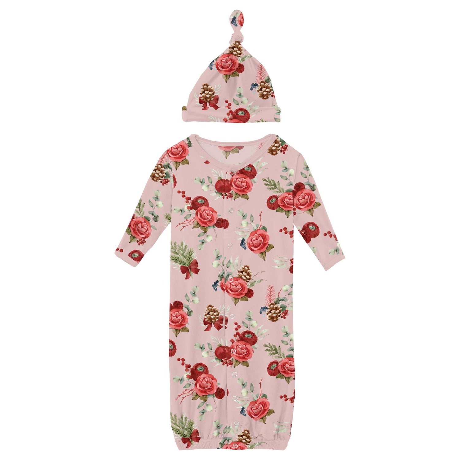Print Layette Gown Converter & Single Knot Hat Set in Baby Rose Holiday Floral (343271)