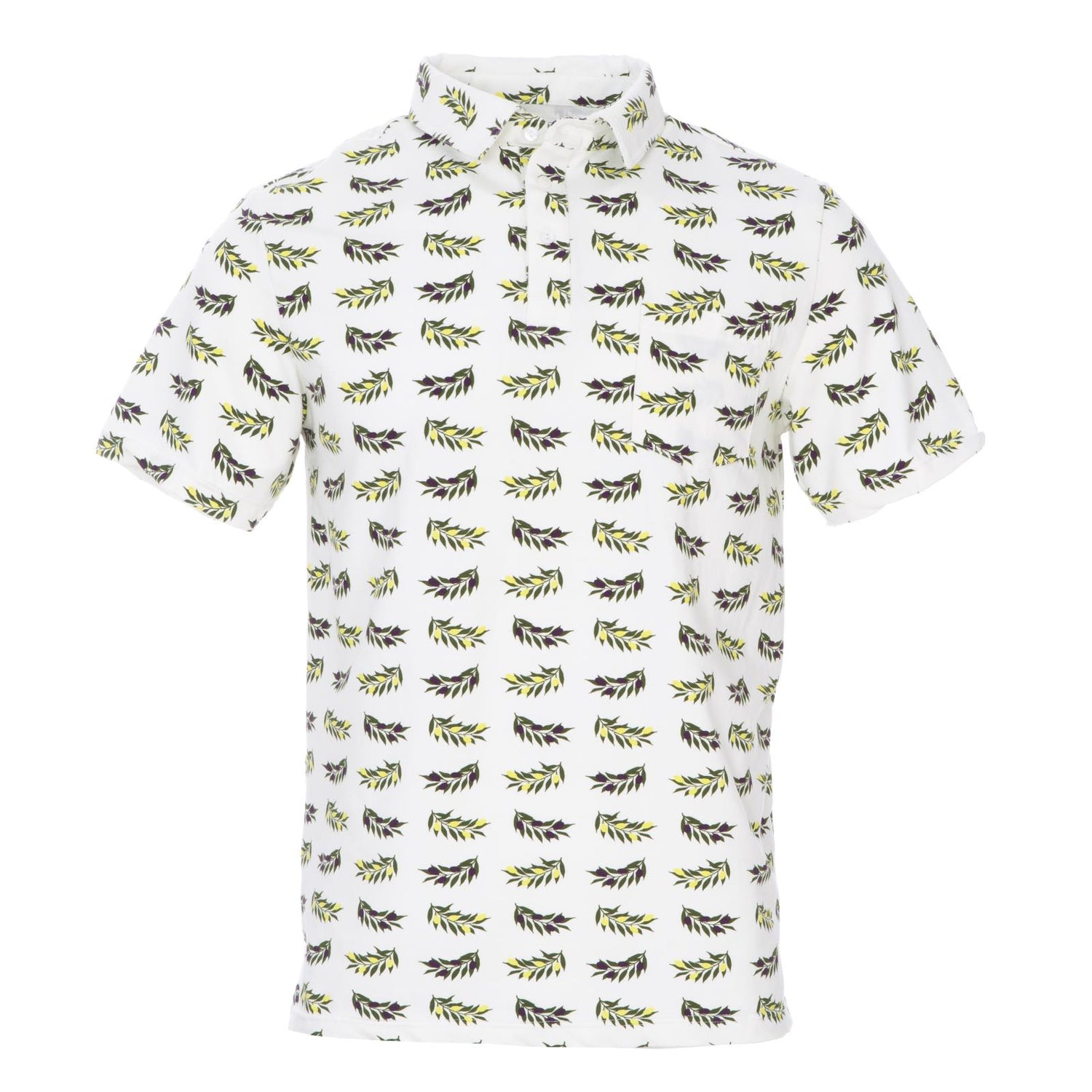 Men's Print Short Sleeve Luxe Jersey Polo with Pocket in Natural Olive Branch