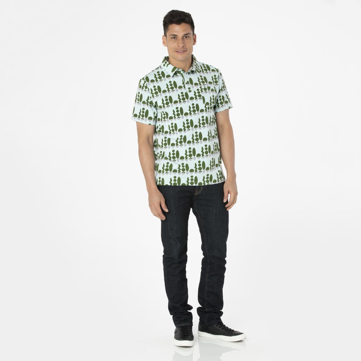 Men's Print Short Sleeve Luxe Jersey Polo with Pocket in Spring Sky Villa Garden