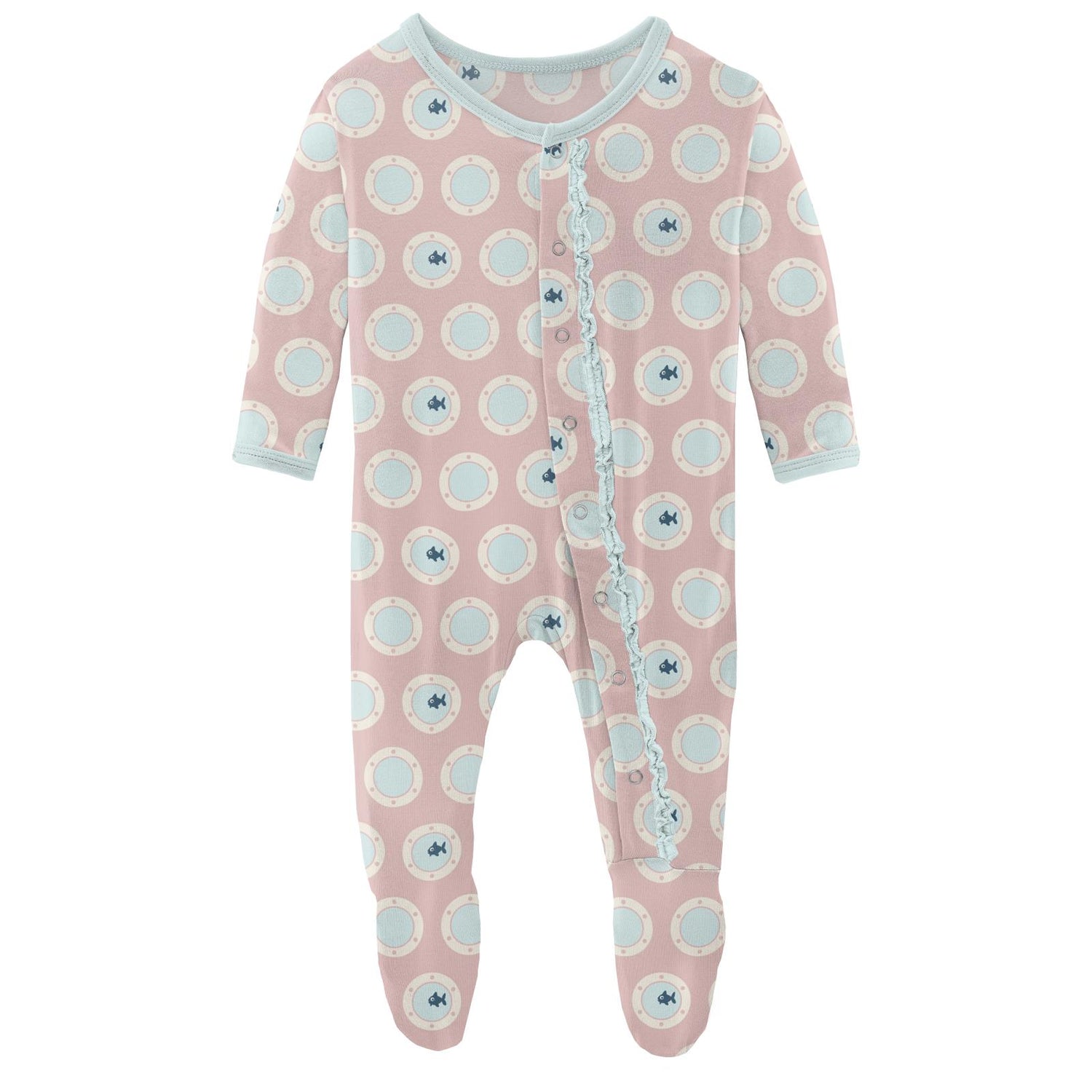 Print Muffin Ruffle Footie with Snaps in Baby Rose Porthole (140826)