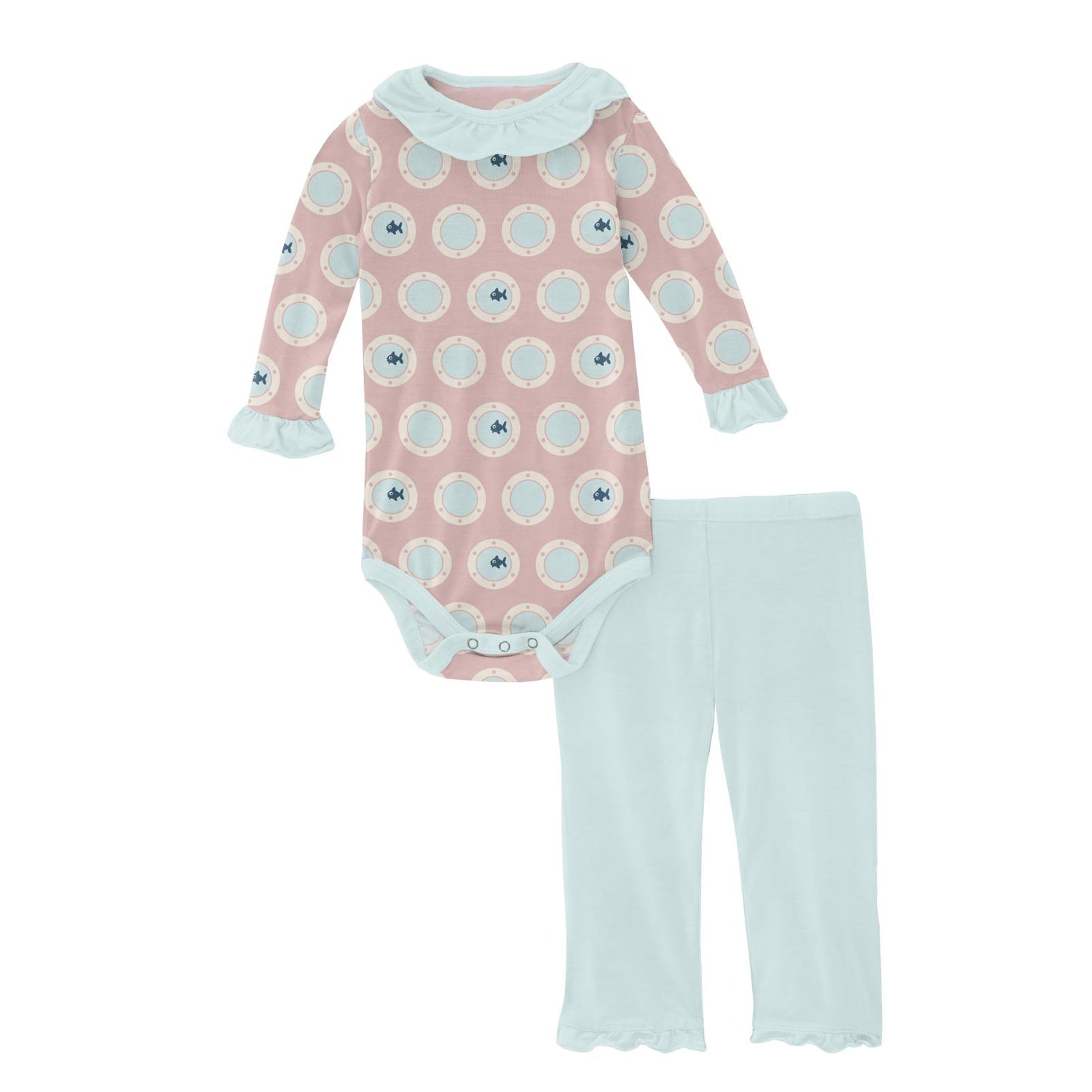 Print Long Sleeve Ruffle-Neck One Piece and Ruffle Pant Outfit Set in Baby Rose Porthole (140945)