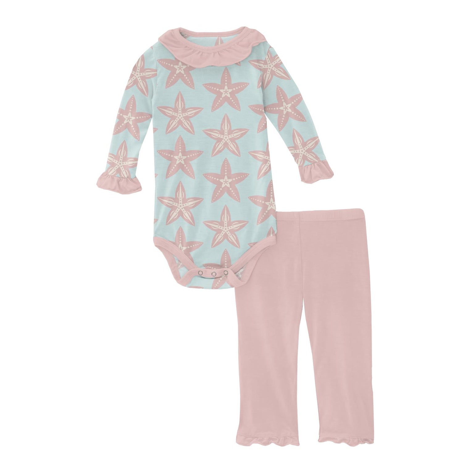 Print Long Sleeve Ruffle-Neck One Piece and Ruffle Pant Outfit Set in Fresh Air Fancy Starfish (140947)