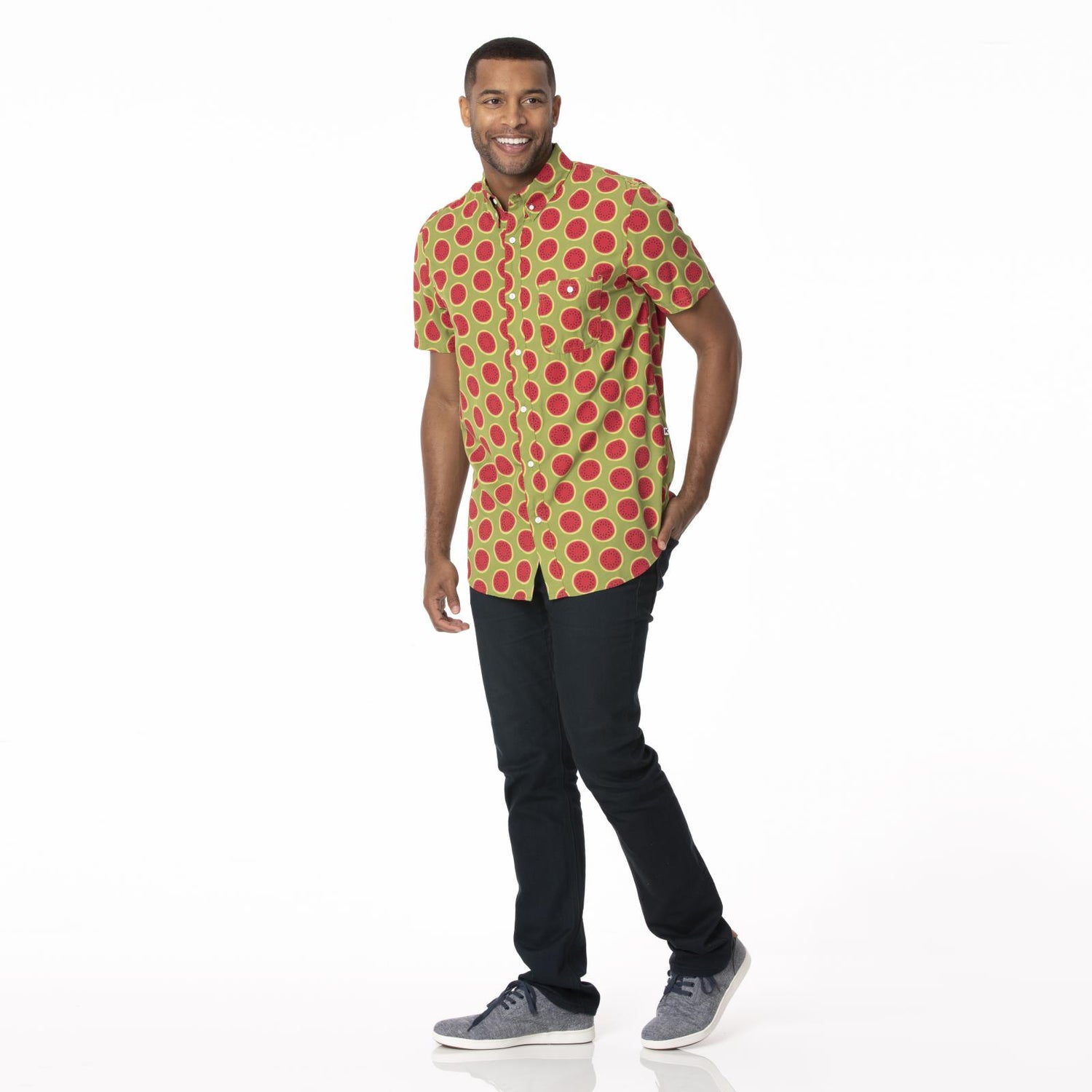 Men's Print Short Sleeve Woven Button Down Shirt in Grasshopper Watermelon