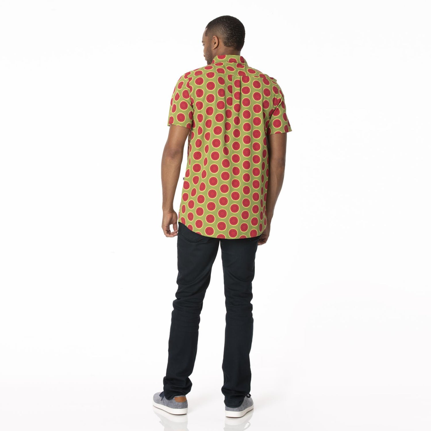 Men's Print Short Sleeve Woven Button Down Shirt in Grasshopper Watermelon
