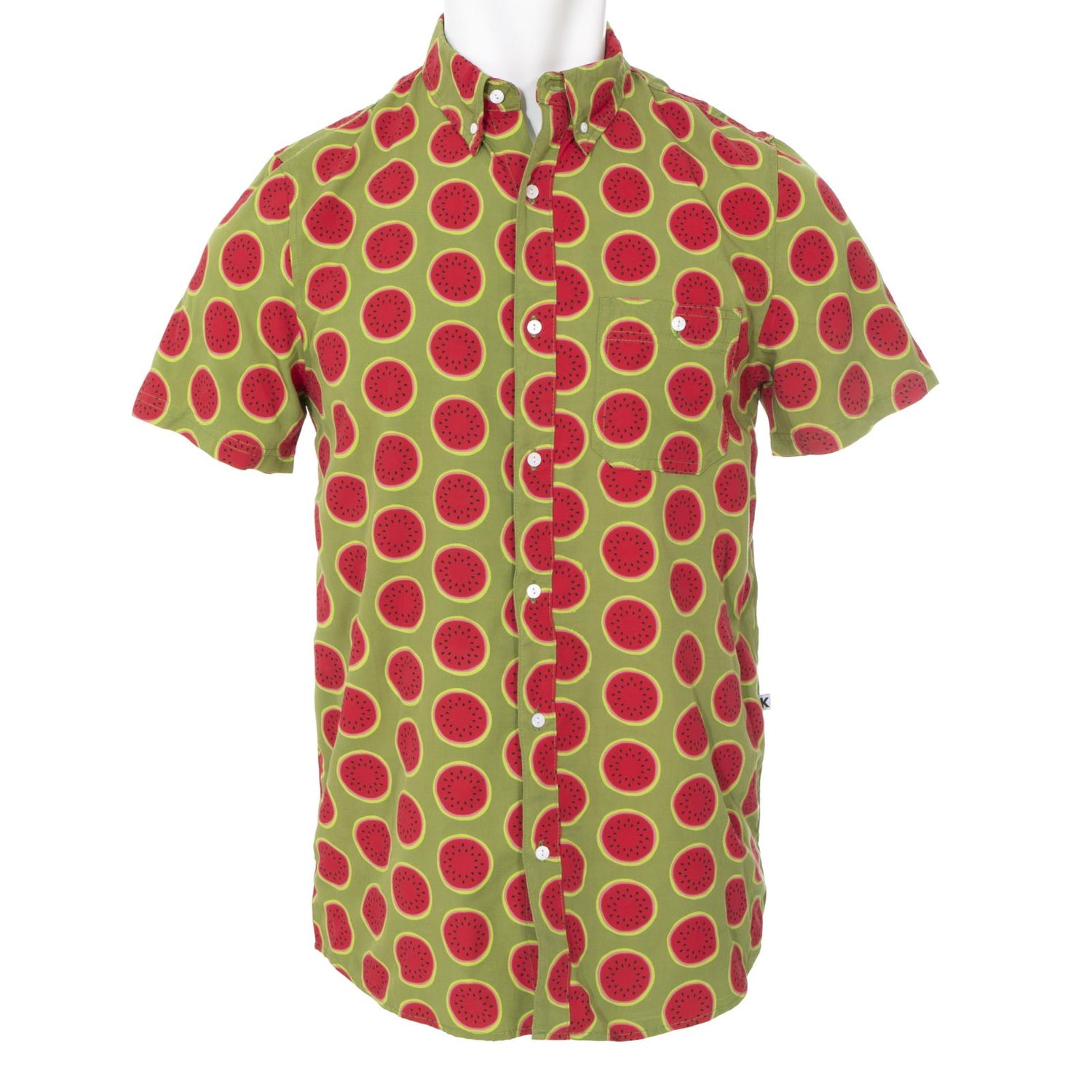 Men's Print Short Sleeve Woven Button Down Shirt in Grasshopper Watermelon