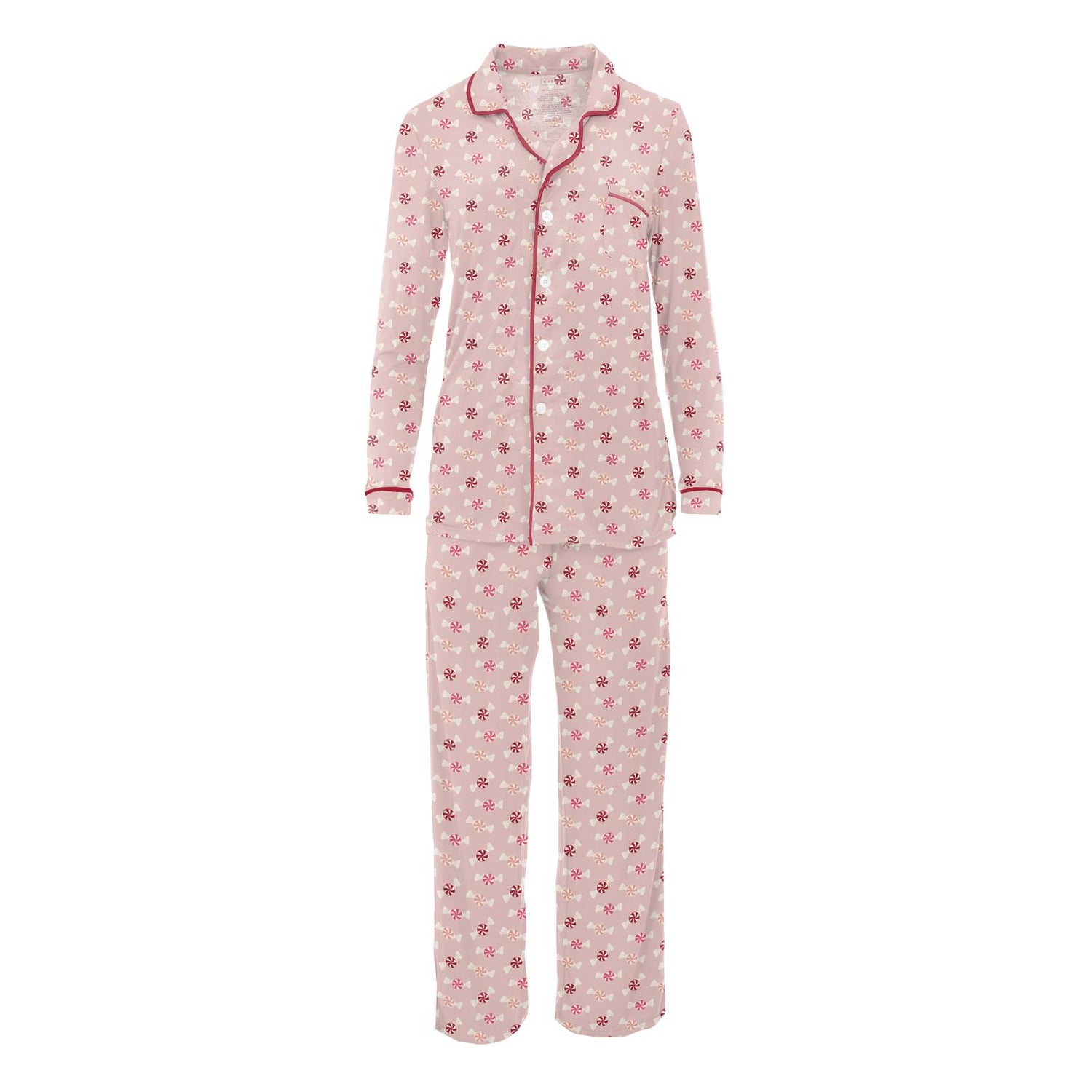Women's Print Long Sleeve Collared Pajama Set in Baby Rose Peppermints