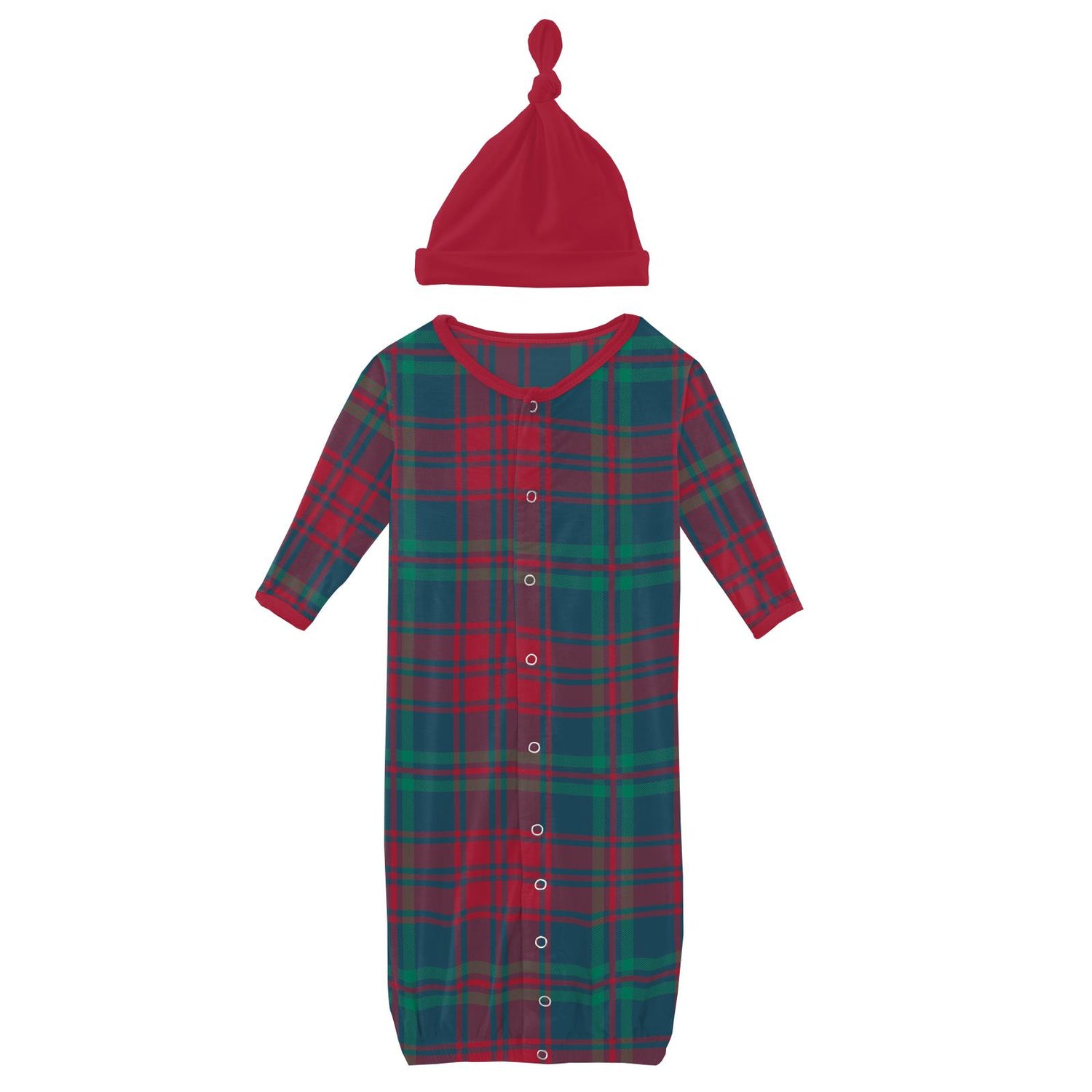 Print Layette Gown Converter & Single Knot Hat Set in Peacock Plaid