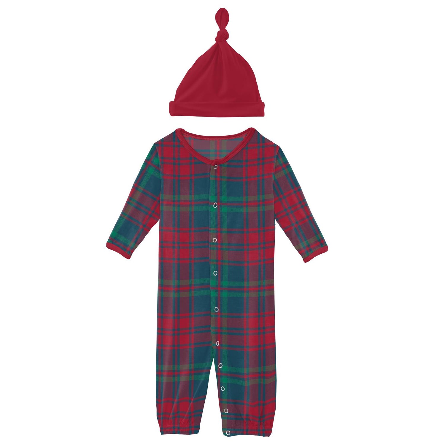 Print Layette Gown Converter & Single Knot Hat Set in Peacock Plaid
