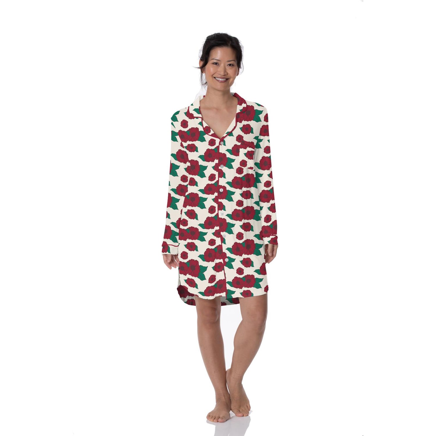 Women's Print Long Sleeve Button Down Nightshirt in Holiday Poppies