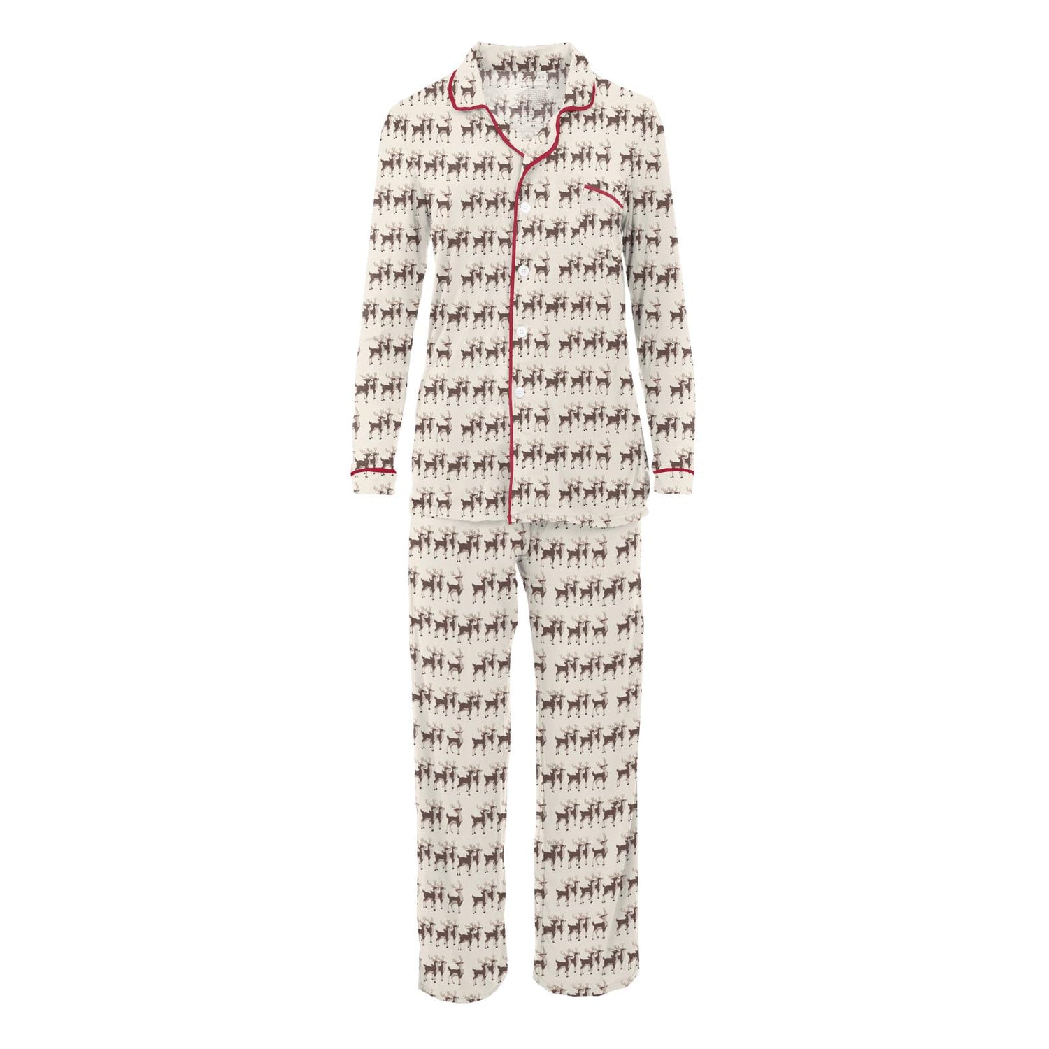 Women's Print Long Sleeve Collared Pajama Set in Natural Rudolph