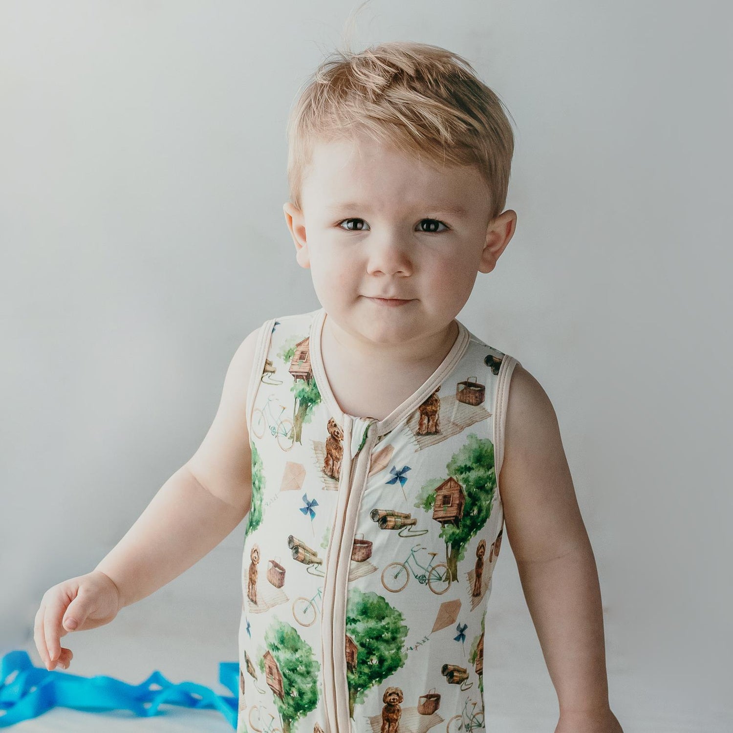 Print Finn Zip Tank Romper in Natural Tree House (341685)