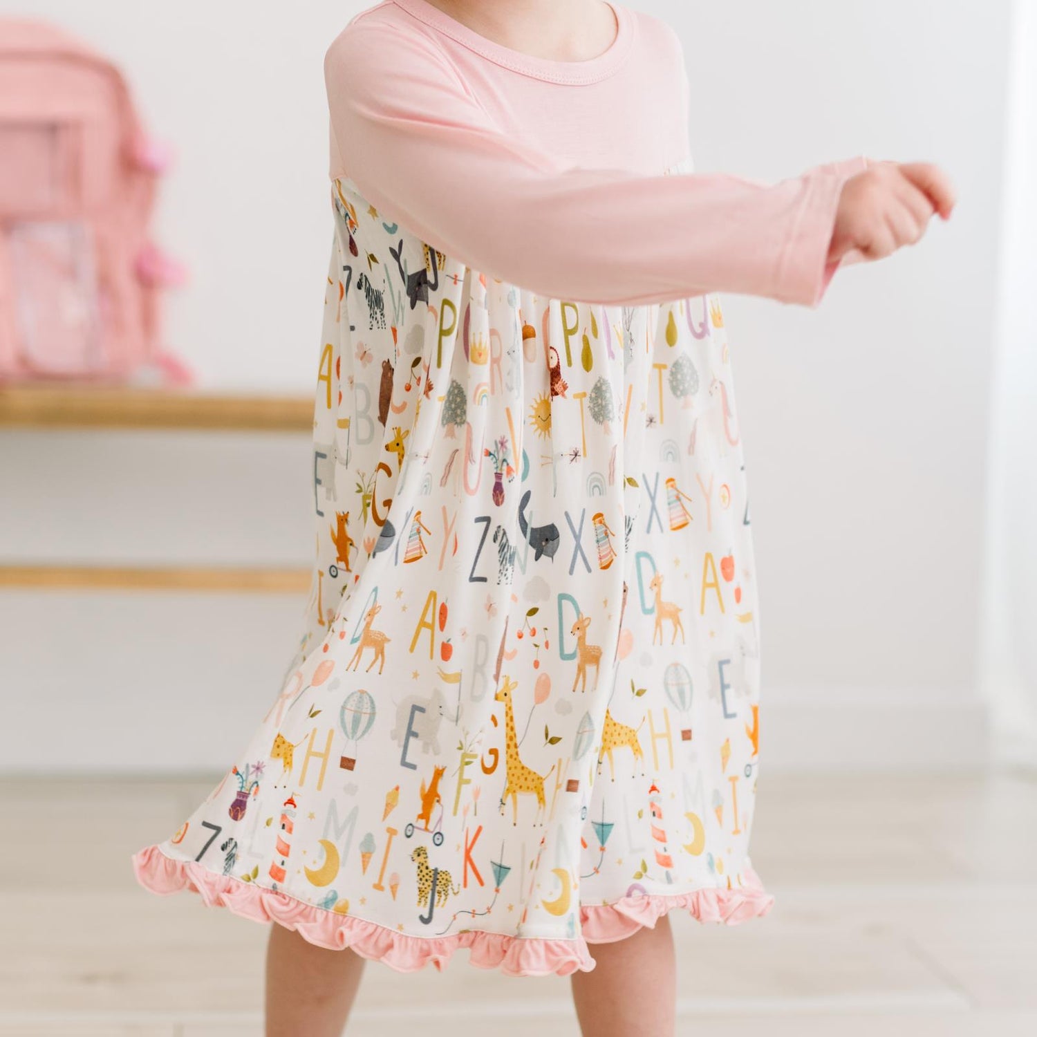 Print Long Sleeve Swing Dress in Animal Alphabet (352953)