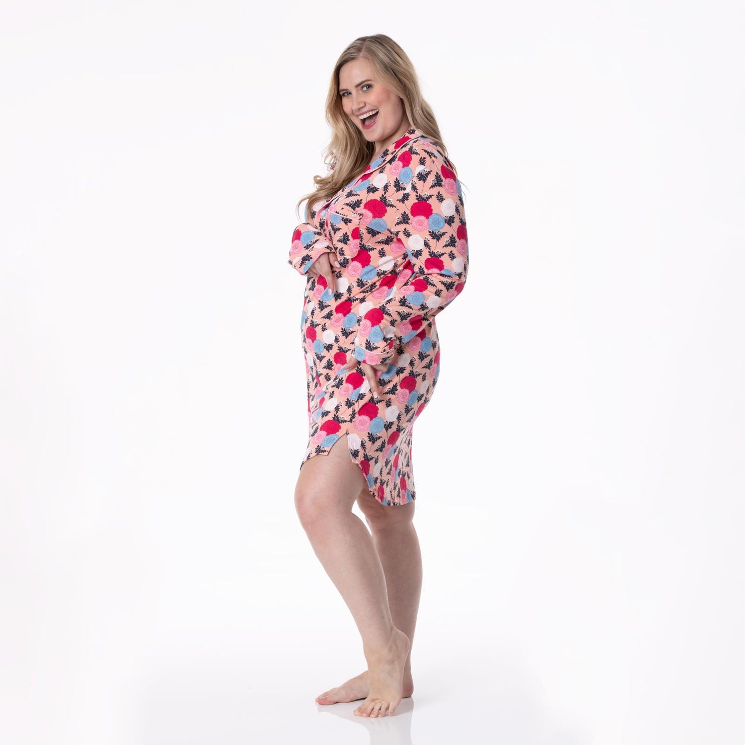 Women's Print Long Sleeve Button Down Nightshirt in Blush Enchanted Floral