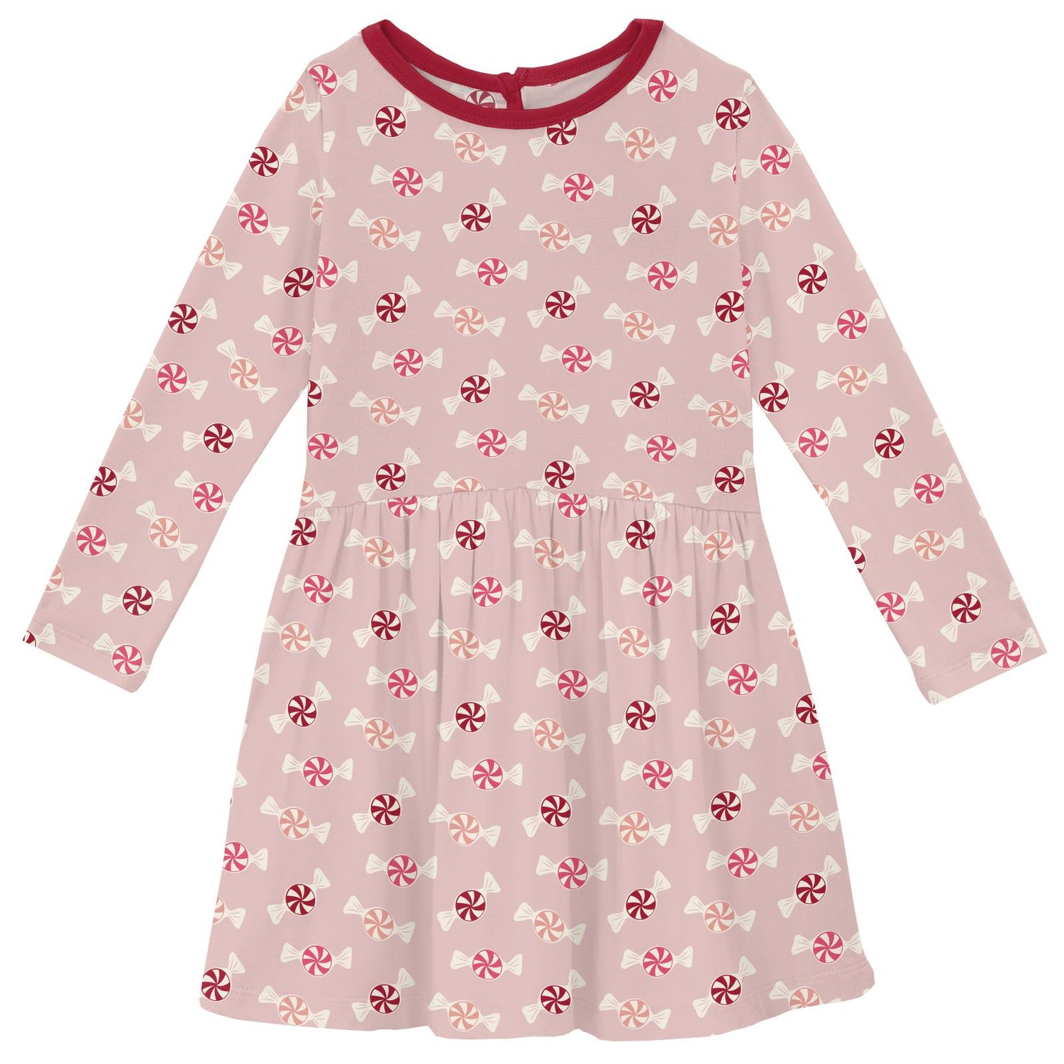 Print Long Sleeve Twirl Dress with Pockets in Baby Rose Peppermints (298621)