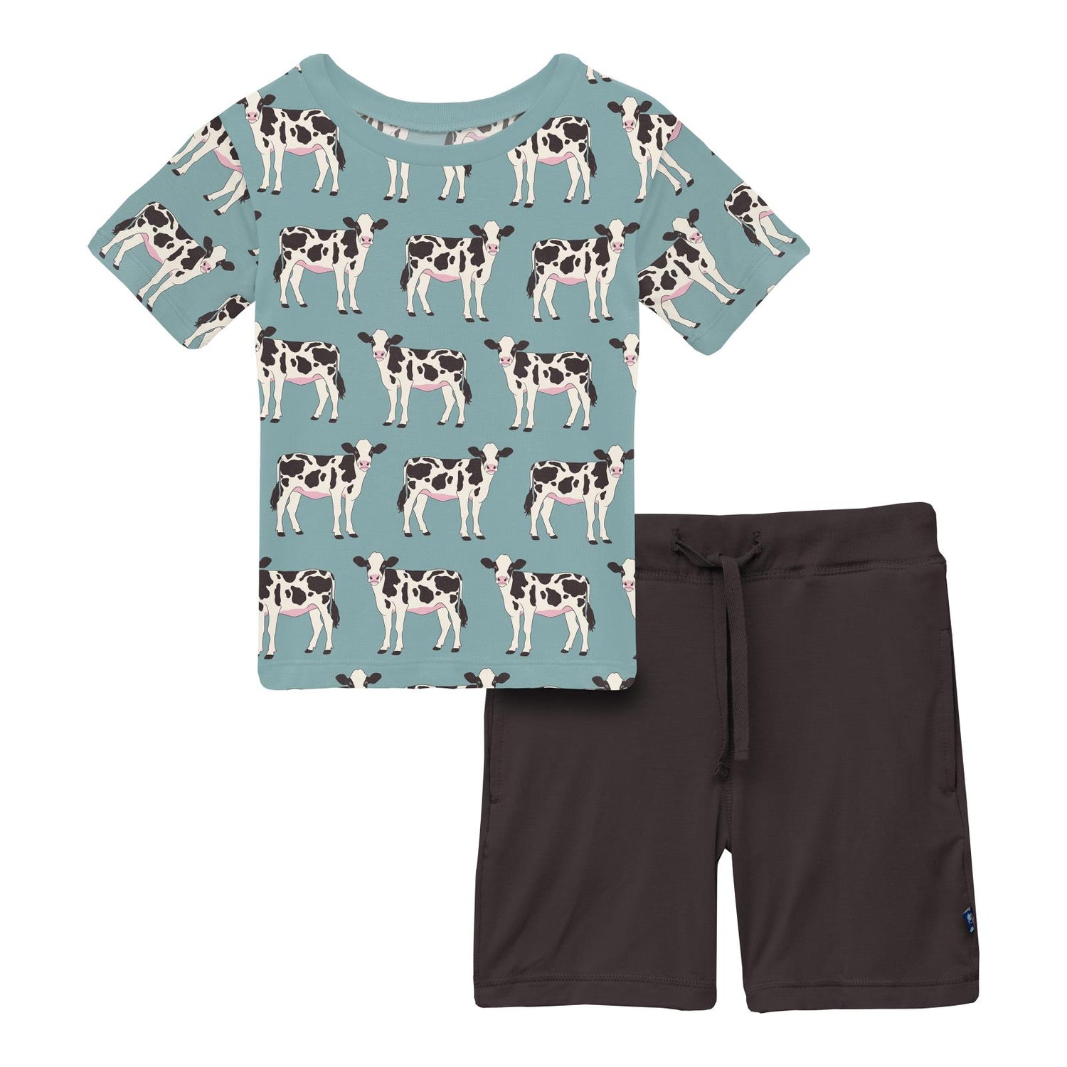 Print Short Sleeve Crew Neck Tee and Lightweight Drawstring Shorts Set in Jade Cows