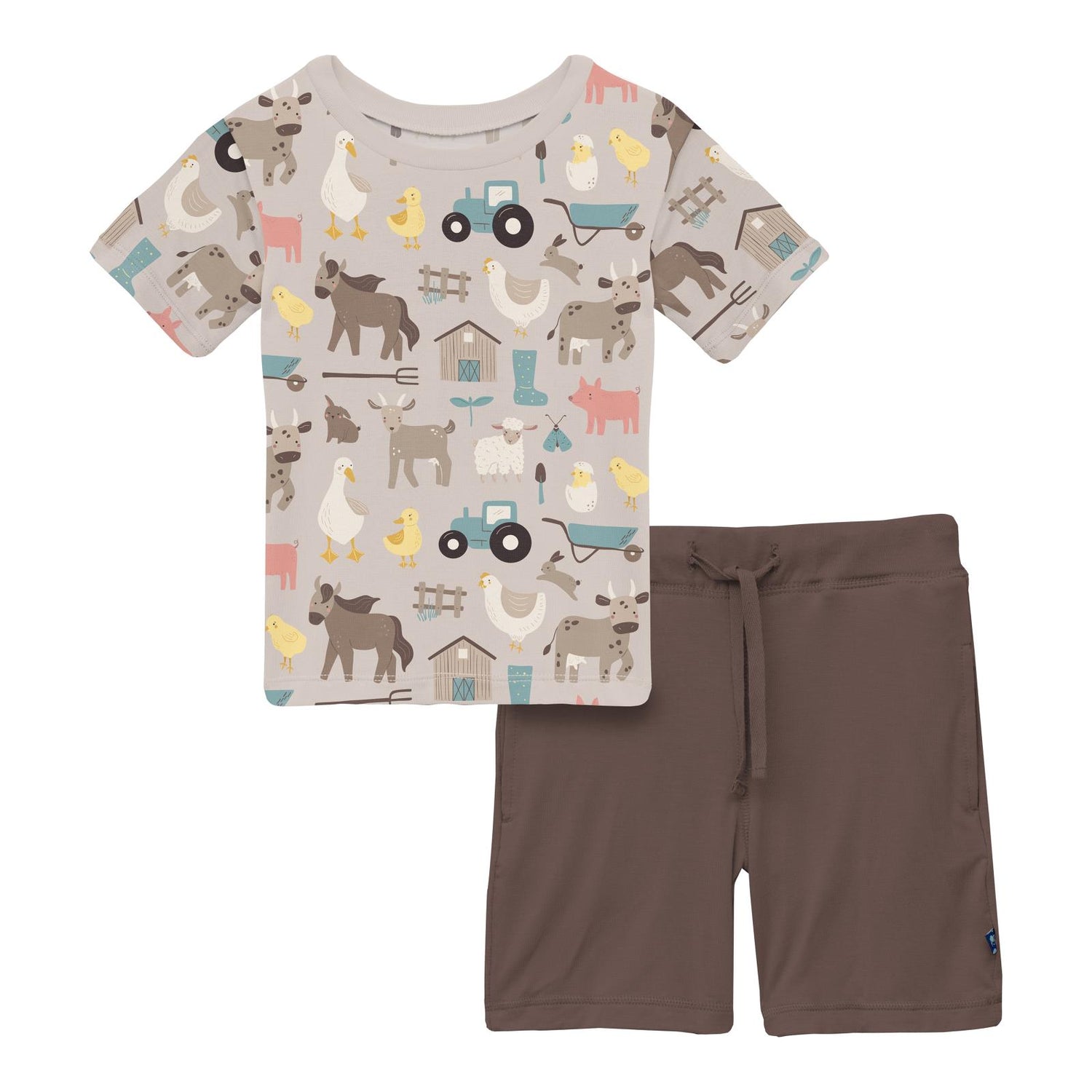 Print Short Sleeve Crew Neck Tee and Lightweight Drawstring Shorts Set in Latte Morning on the Farm (314726)