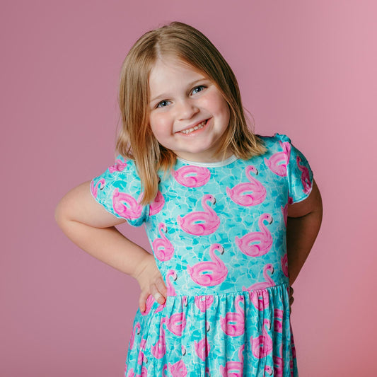 Print Flutter Sleeve Twirl Dress with Pockets in Pool Party (362277)