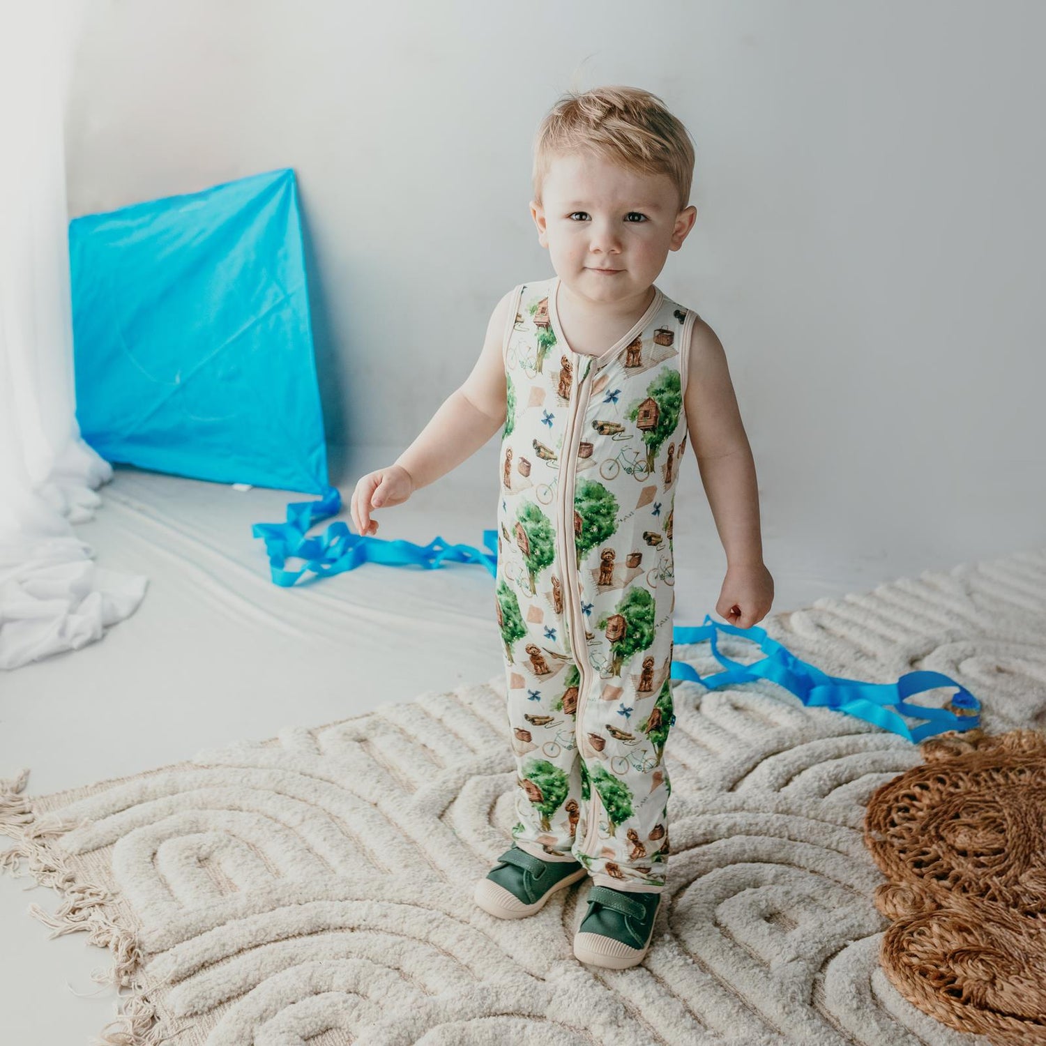 Print Finn Zip Tank Romper in Natural Tree House (362295)