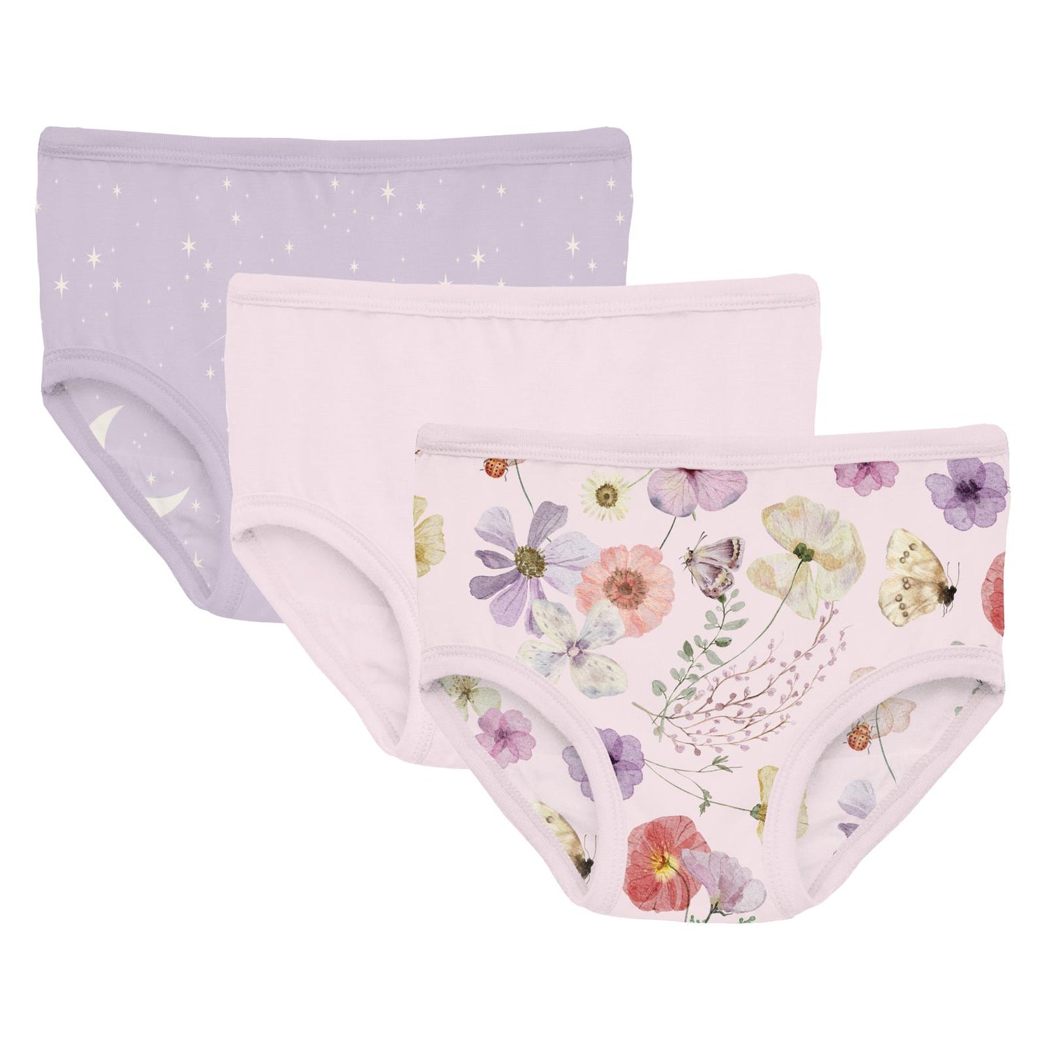 Print Girl's Underwear Set of 3 in Thistle Starry Sky & Moon, Shrinking Violet & Shrinking Violet Pressed Flowers (359773)