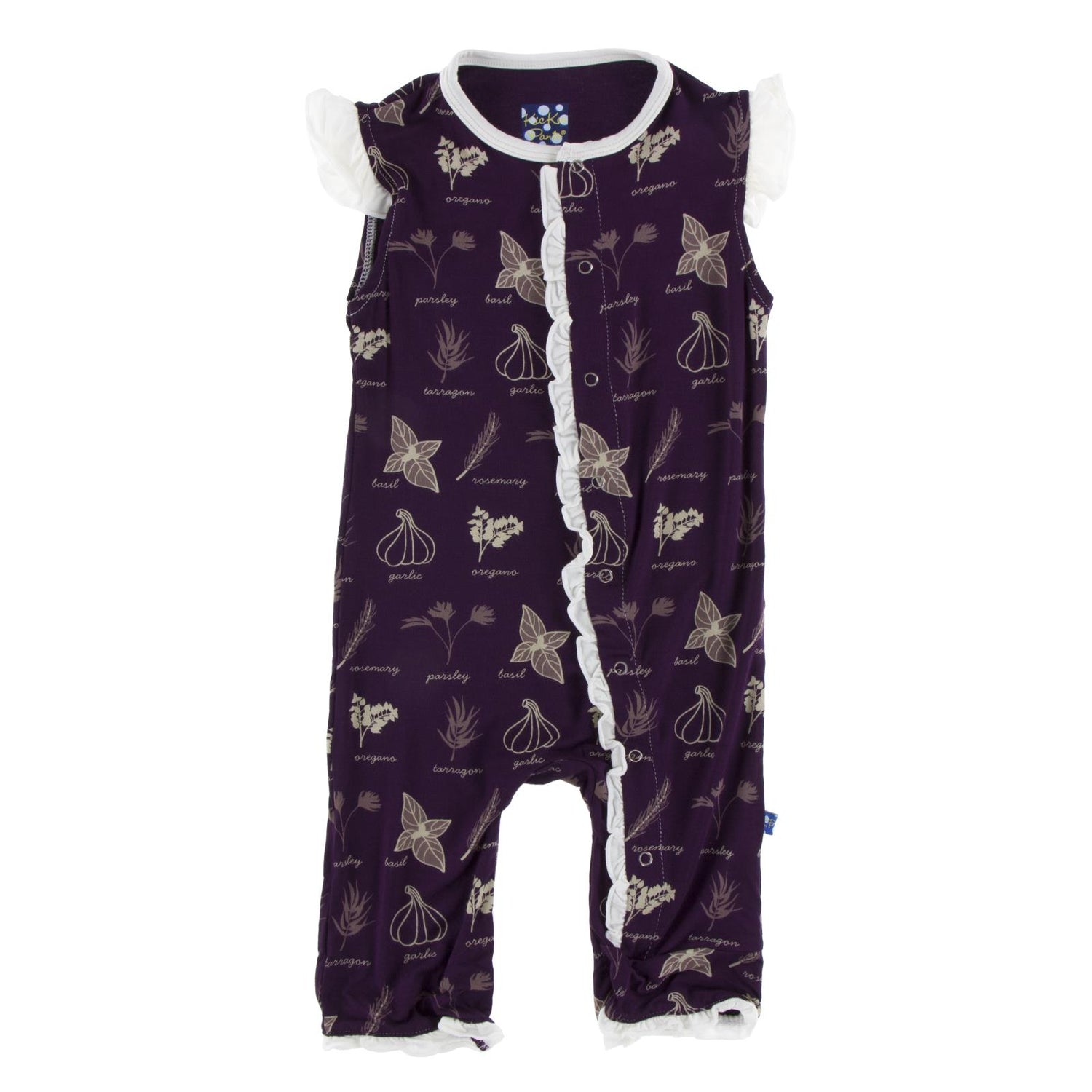 Print Ruffle Tank Romper in Wine Grapes Herbs