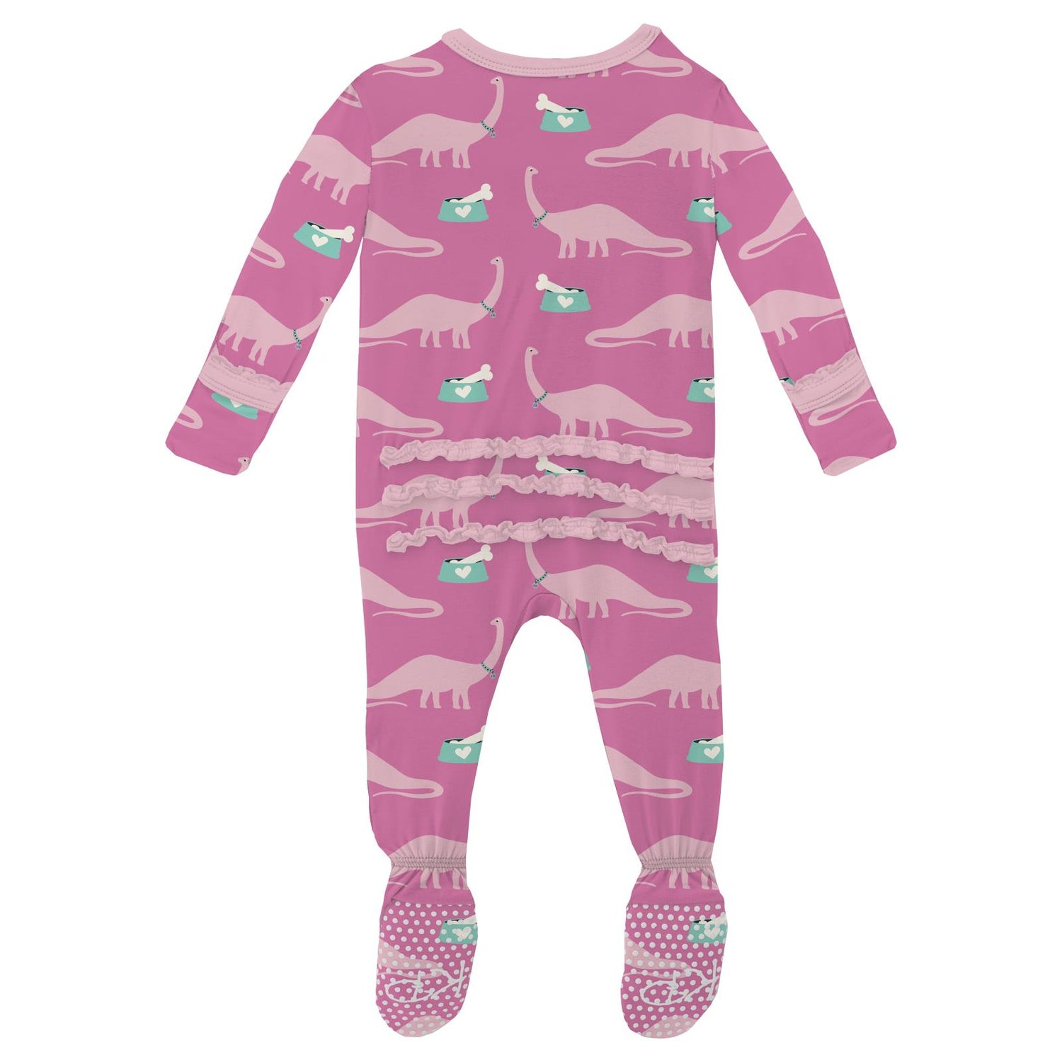 Print Muffin Ruffle Footie with 2 Way Zipper in Tulip Pet Dino